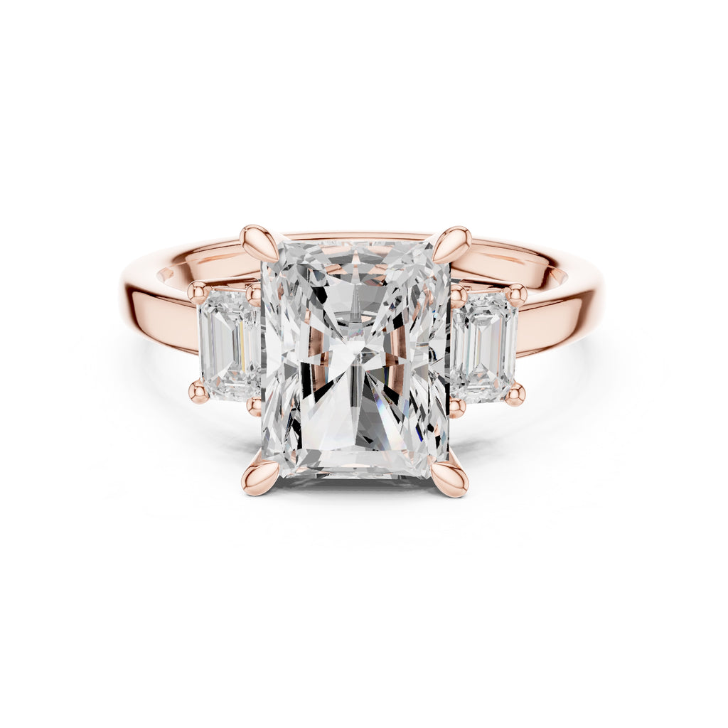 2.50 ct Radiant Emerald Three Stone Ring 2.5ct Rose Gold