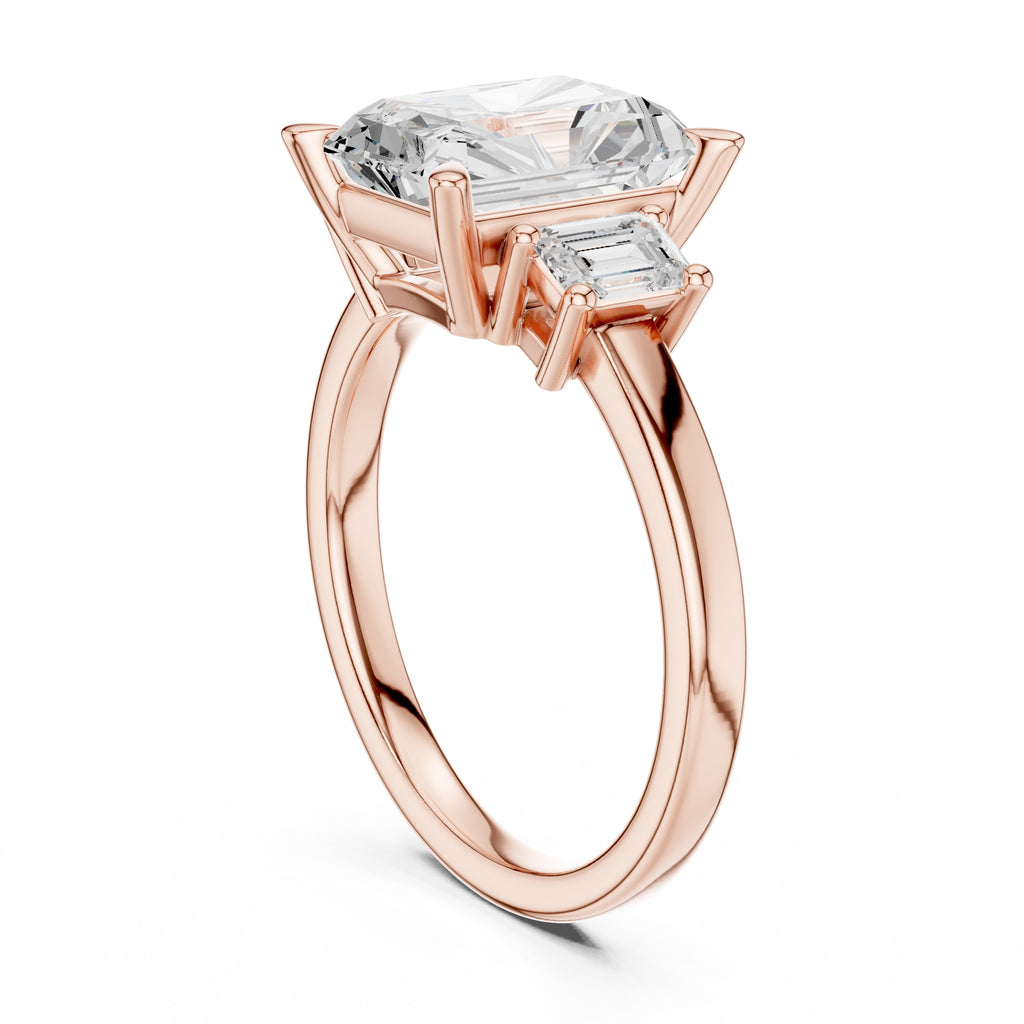 2.50 ct Radiant Emerald Three Stone Ring 2.5ct Rose Gold