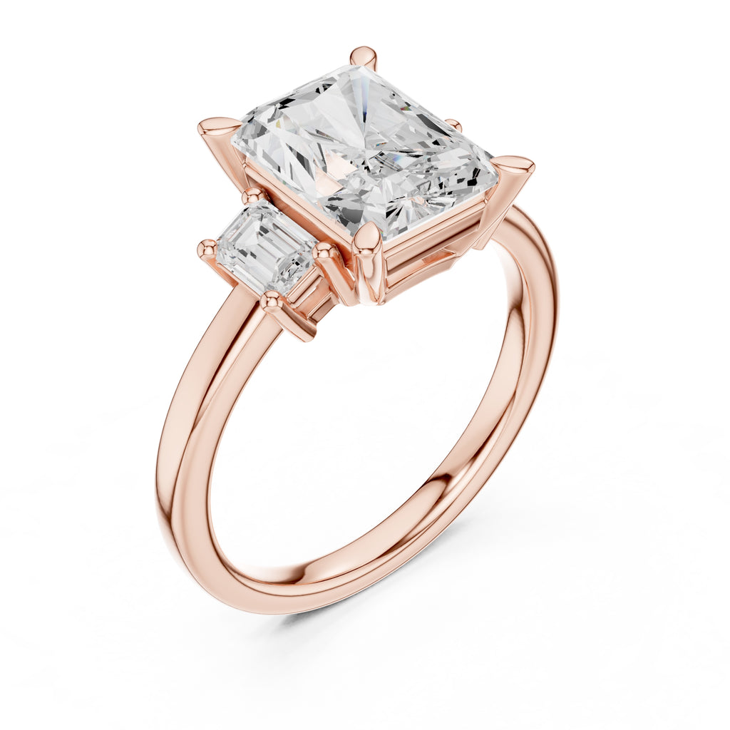 2.50 ct Radiant Emerald Three Stone Ring 2.5ct Rose Gold