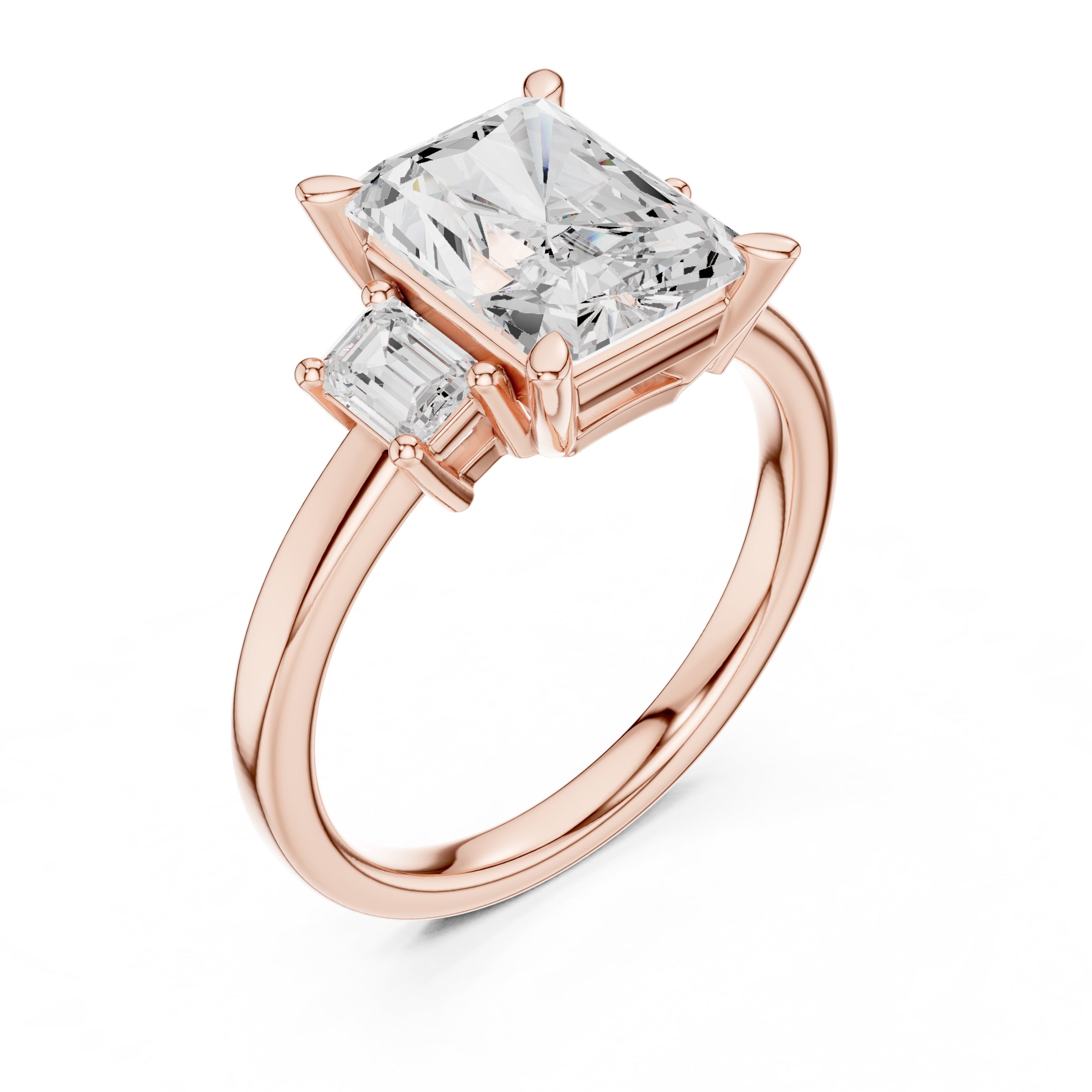 2.50 ct Radiant Emerald Three Stone Ring 2.5ct Rose Gold