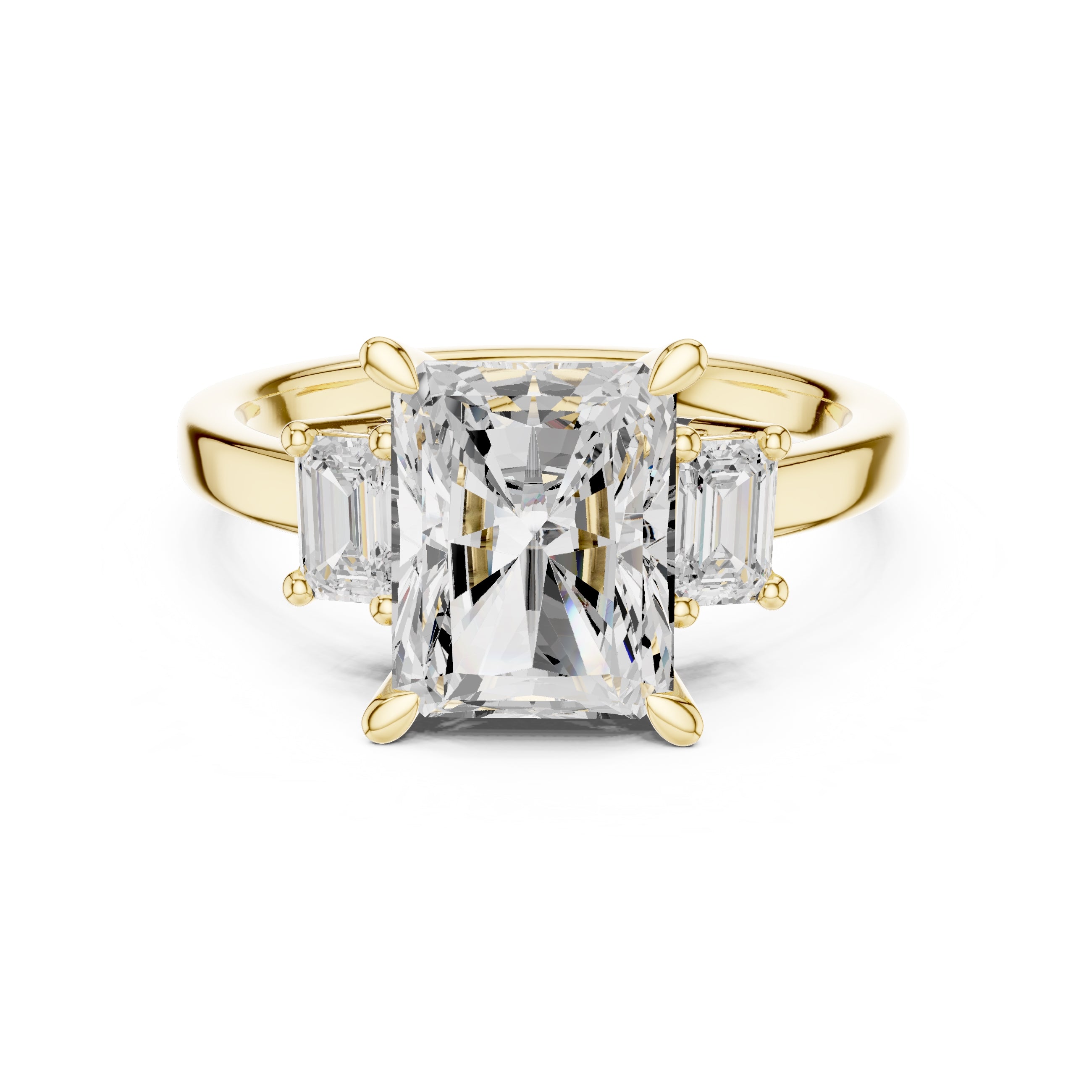 2.50 ct Radiant Emerald Three Stone Ring 2.5ct Yellow Gold
