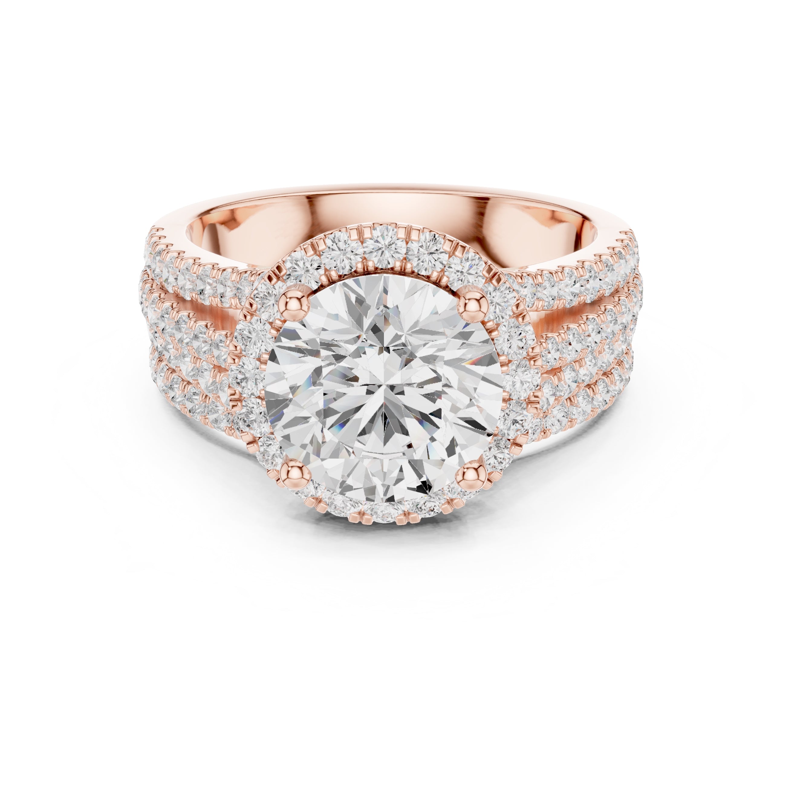 2.50 ct Round Triple-Row Poinsettia Halo Ring 2.5ct Rose Gold