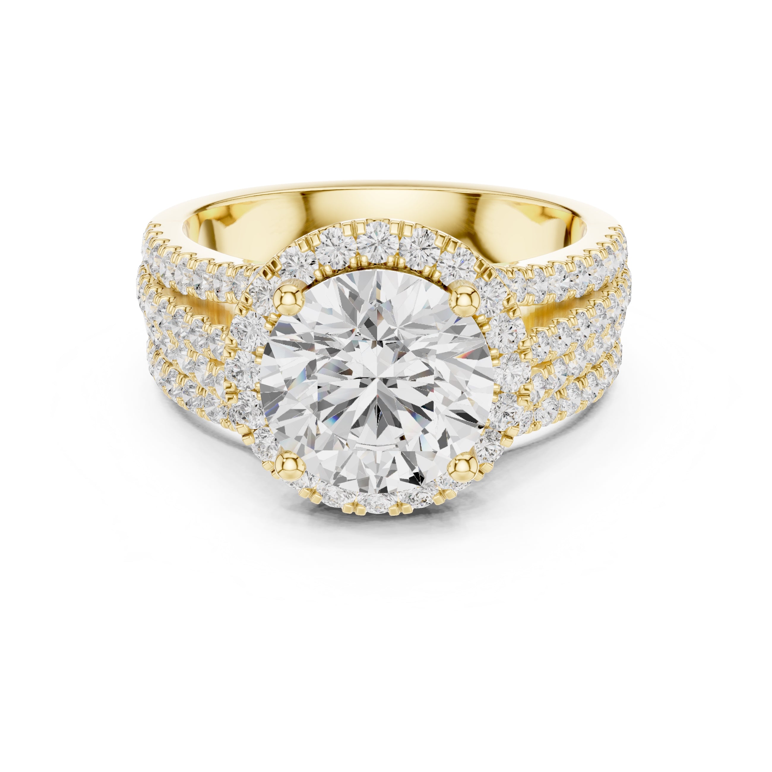 2.50 ct Round Triple-Row Poinsettia Halo Ring 2.5ct Yellow Gold