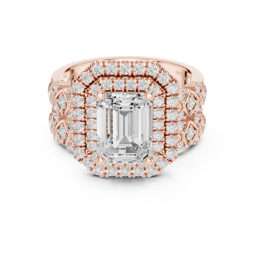 2.00 ct Emerald Cut Double Halo Bridal Set 2ct Rose Gold