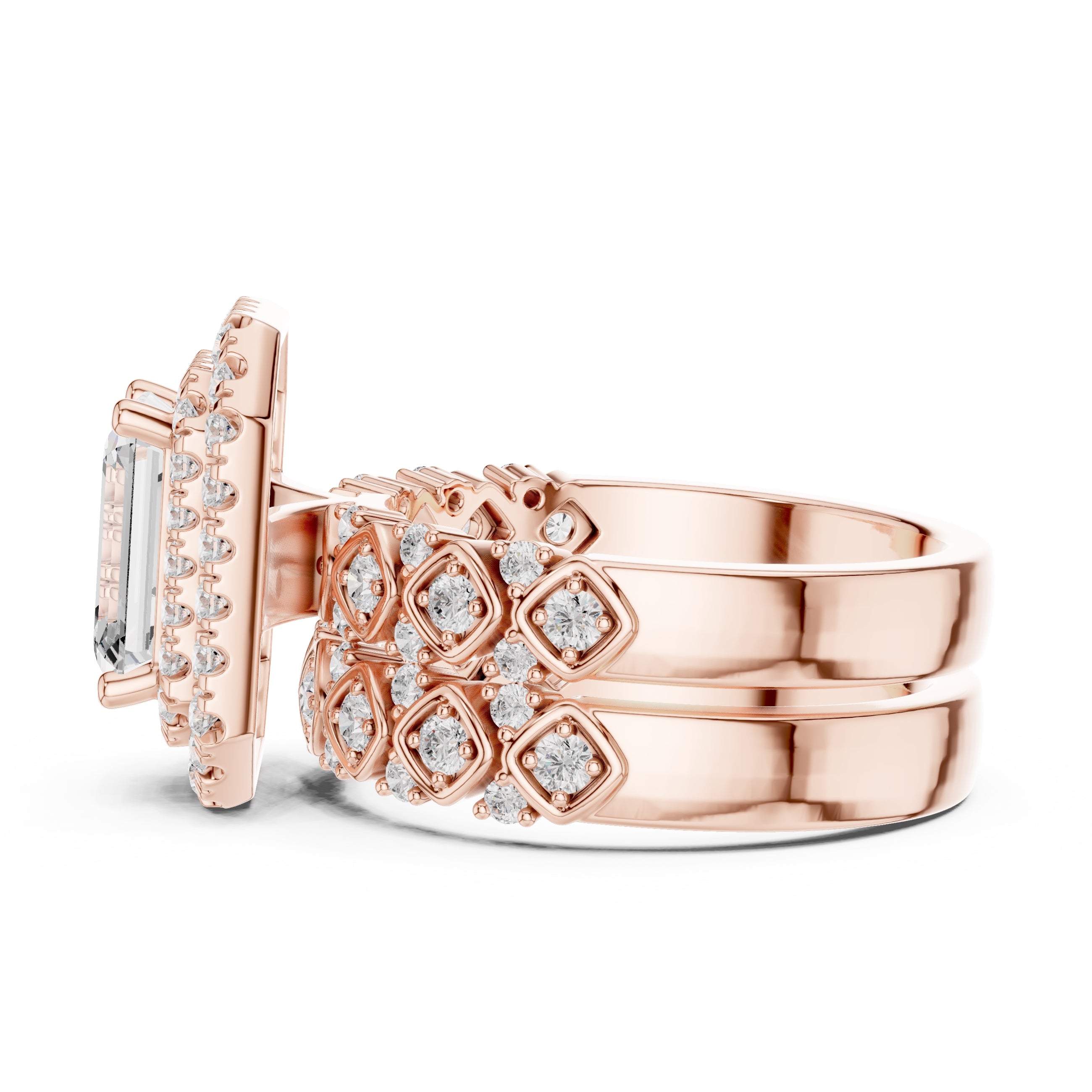 2.00 ct Emerald Cut Double Halo Bridal Set 2ct Rose Gold