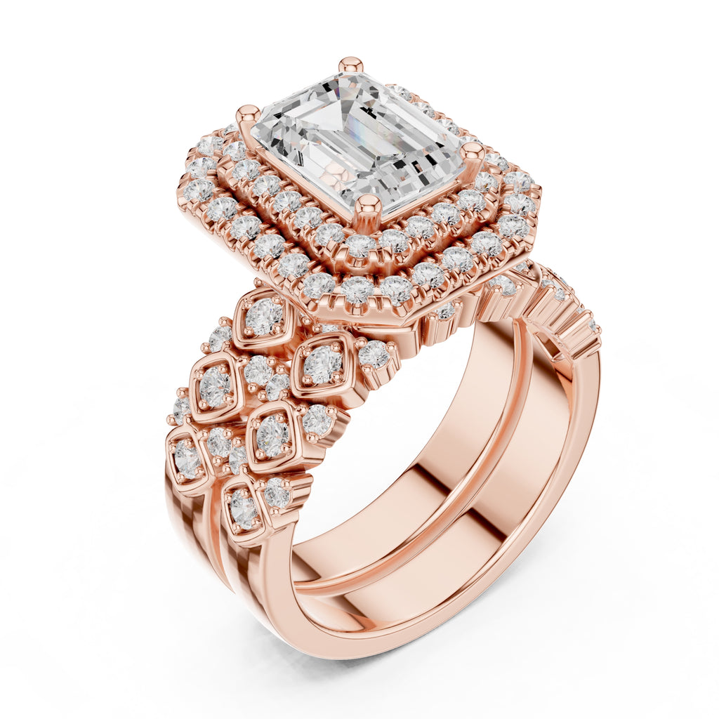 2.00 ct Emerald Cut Double Halo Bridal Set 2ct Rose Gold