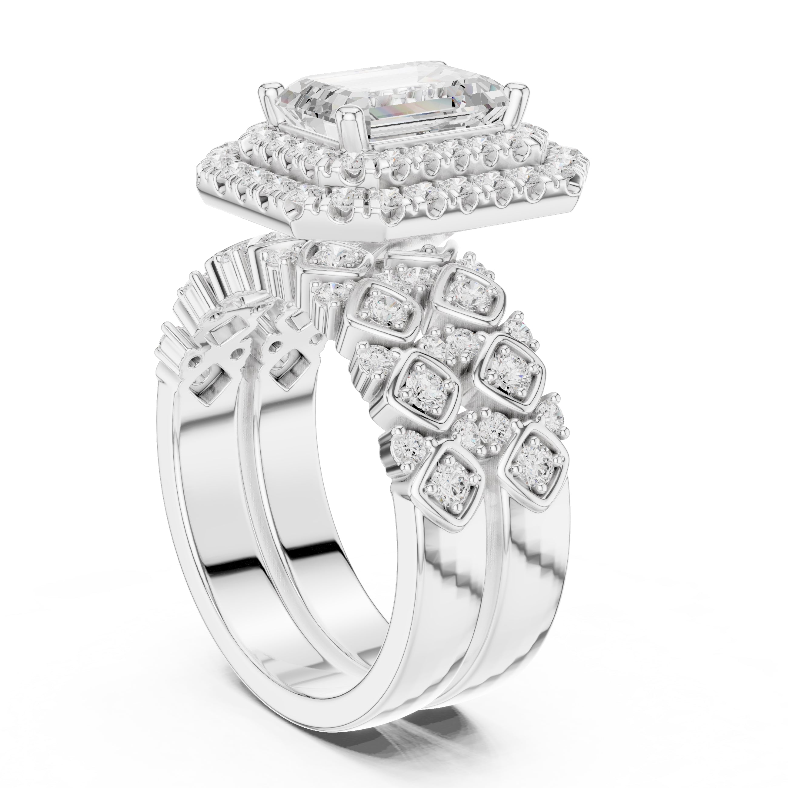 2.00 ct Emerald Cut Double Halo Bridal Set 2ct White Gold