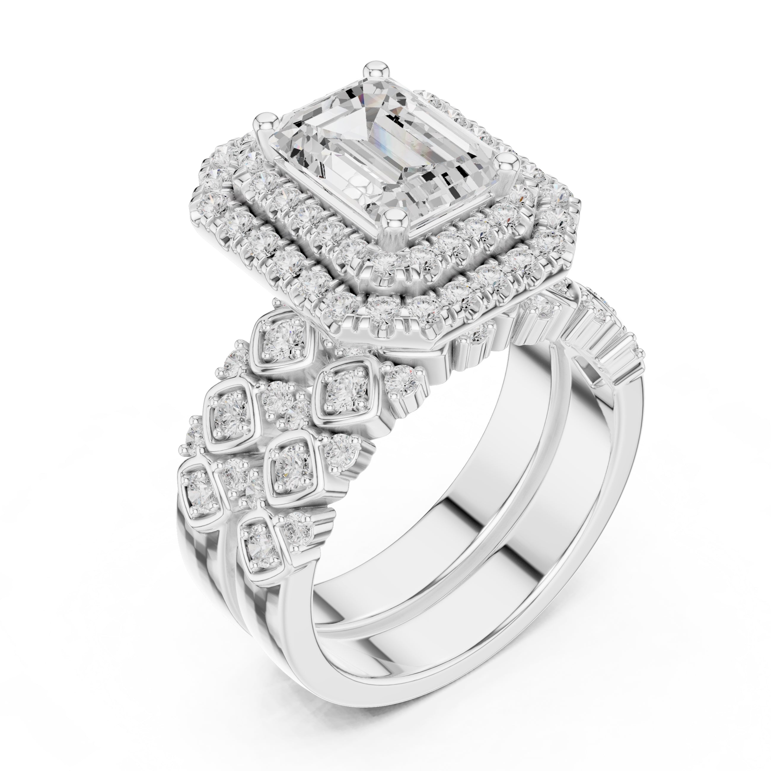 2.00 ct Emerald Cut Double Halo Bridal Set 2ct White Gold