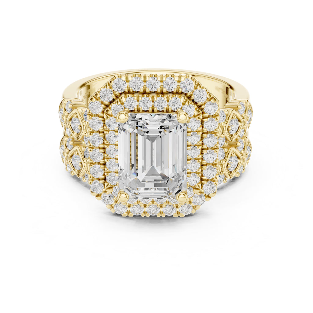 2.00 ct Emerald Cut Double Halo Bridal Set 2ct Yellow Gold