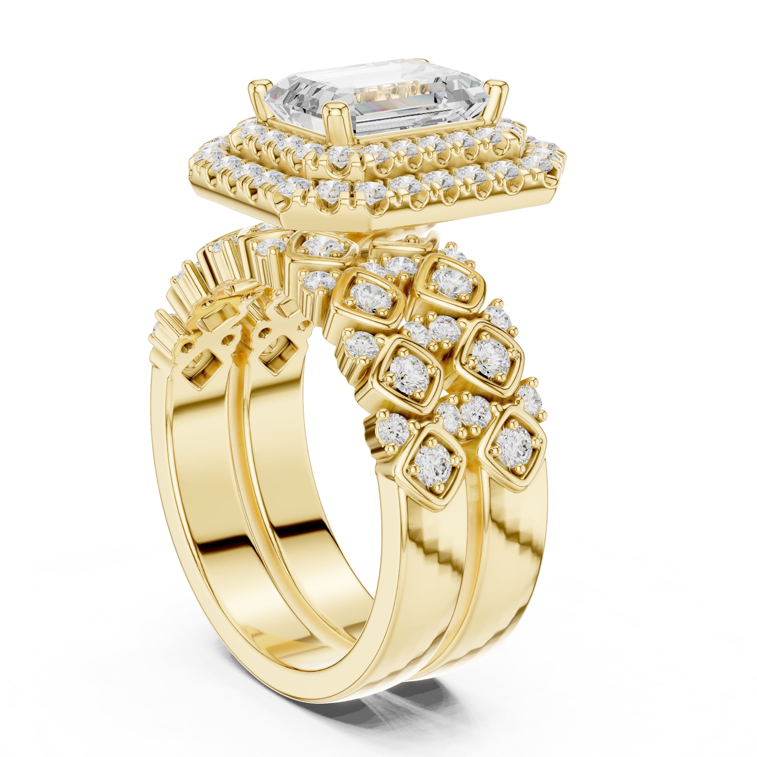 2.00 ct Emerald Cut Double Halo Bridal Set 2ct Yellow Gold