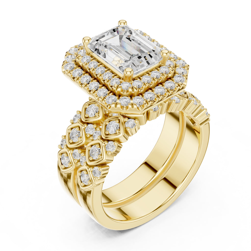 2.00 ct Emerald Cut Double Halo Bridal Set 2ct Yellow Gold