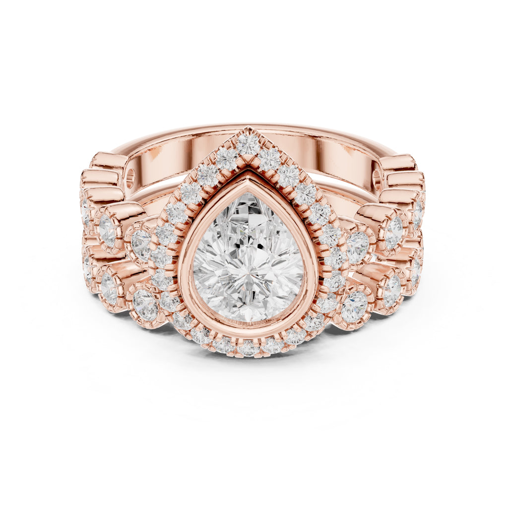 1.00 ct Pear Bezel Halo Bridal Ring Set 1ct Rose Gold