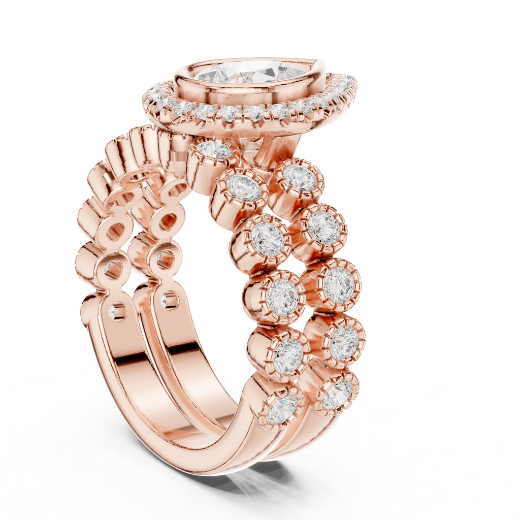 1.00 ct Pear Bezel Halo Bridal Ring Set 1ct Rose Gold