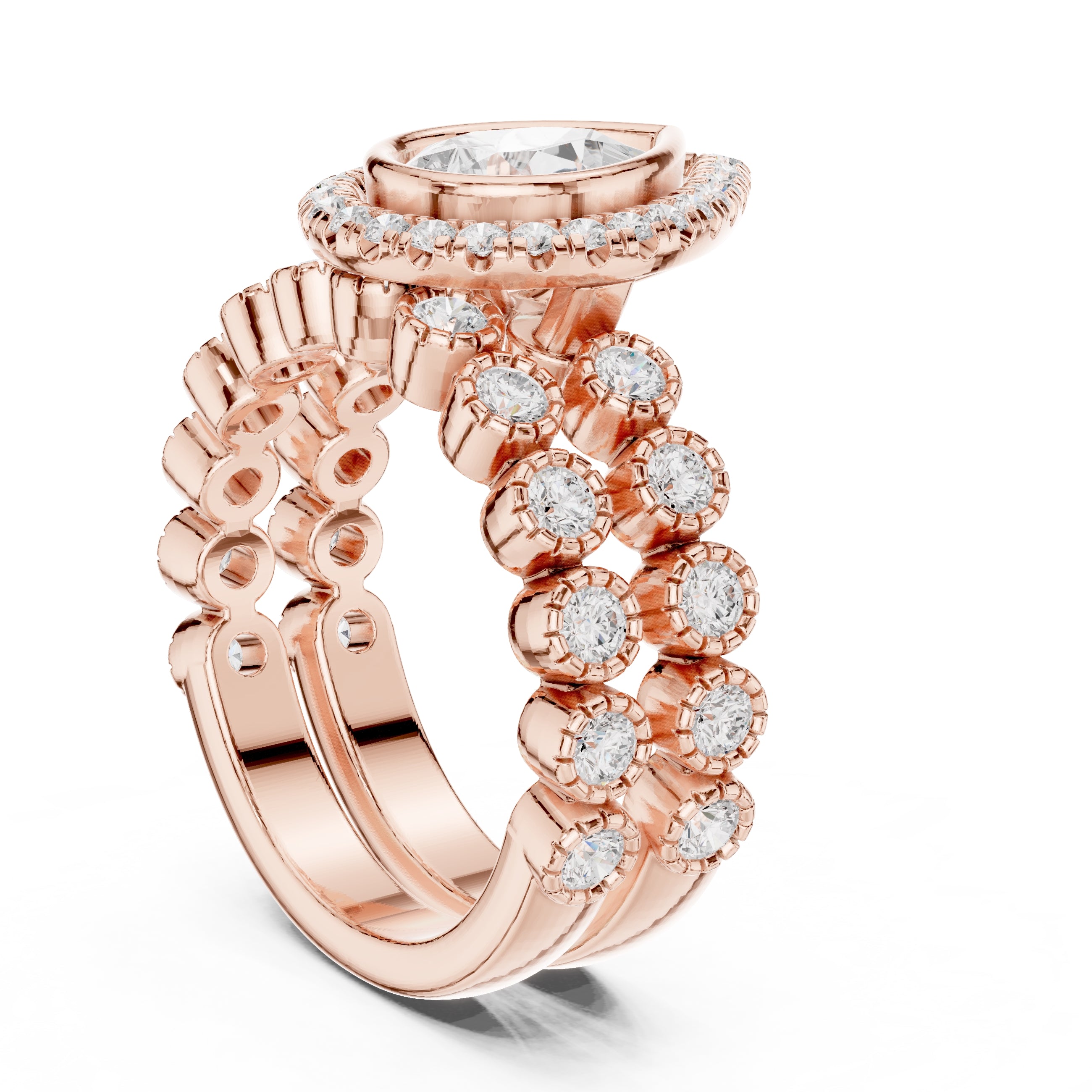 1.00 ct Pear Bezel Halo Bridal Ring Set 1ct Rose Gold