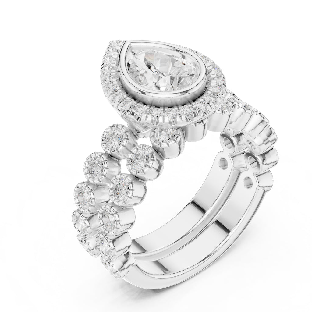 1.00 ct Pear Bezel Halo Bridal Ring Set 1ct White Gold
