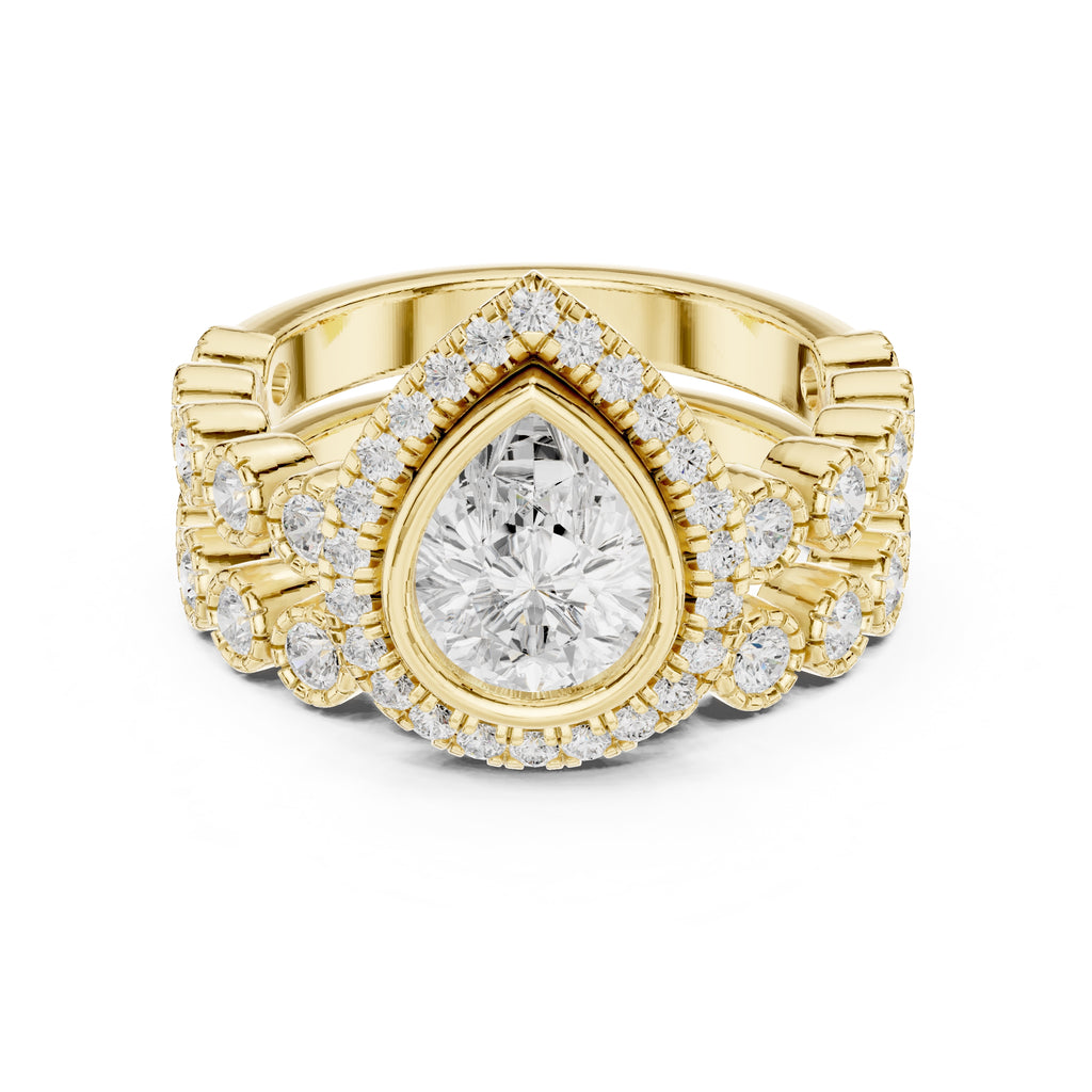 1.00 ct Pear Bezel Halo Bridal Ring Set 1ct Yellow Gold
