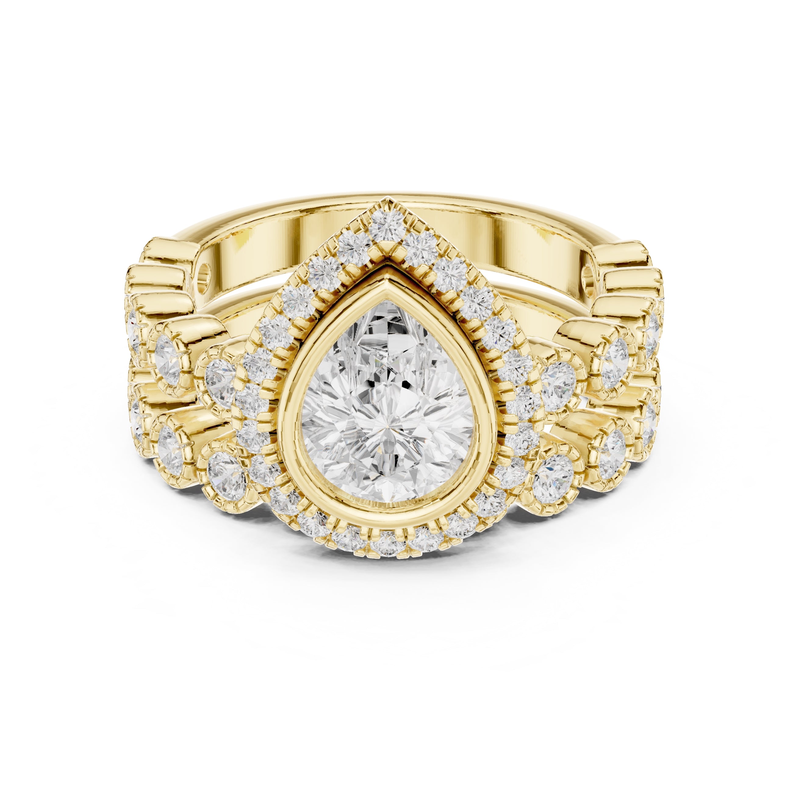 1.00 ct Pear Bezel Halo Bridal Ring Set 1ct Yellow Gold
