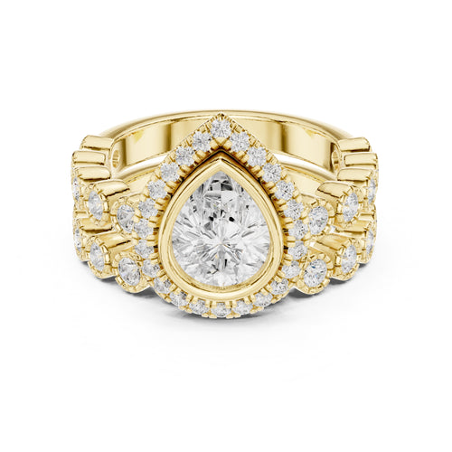 1.00 ct Pear Bezel Halo Bridal Ring Set 1ct Yellow Gold