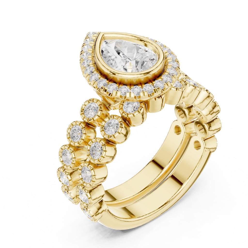 1.00 ct Pear Bezel Halo Bridal Ring Set 1ct Yellow Gold