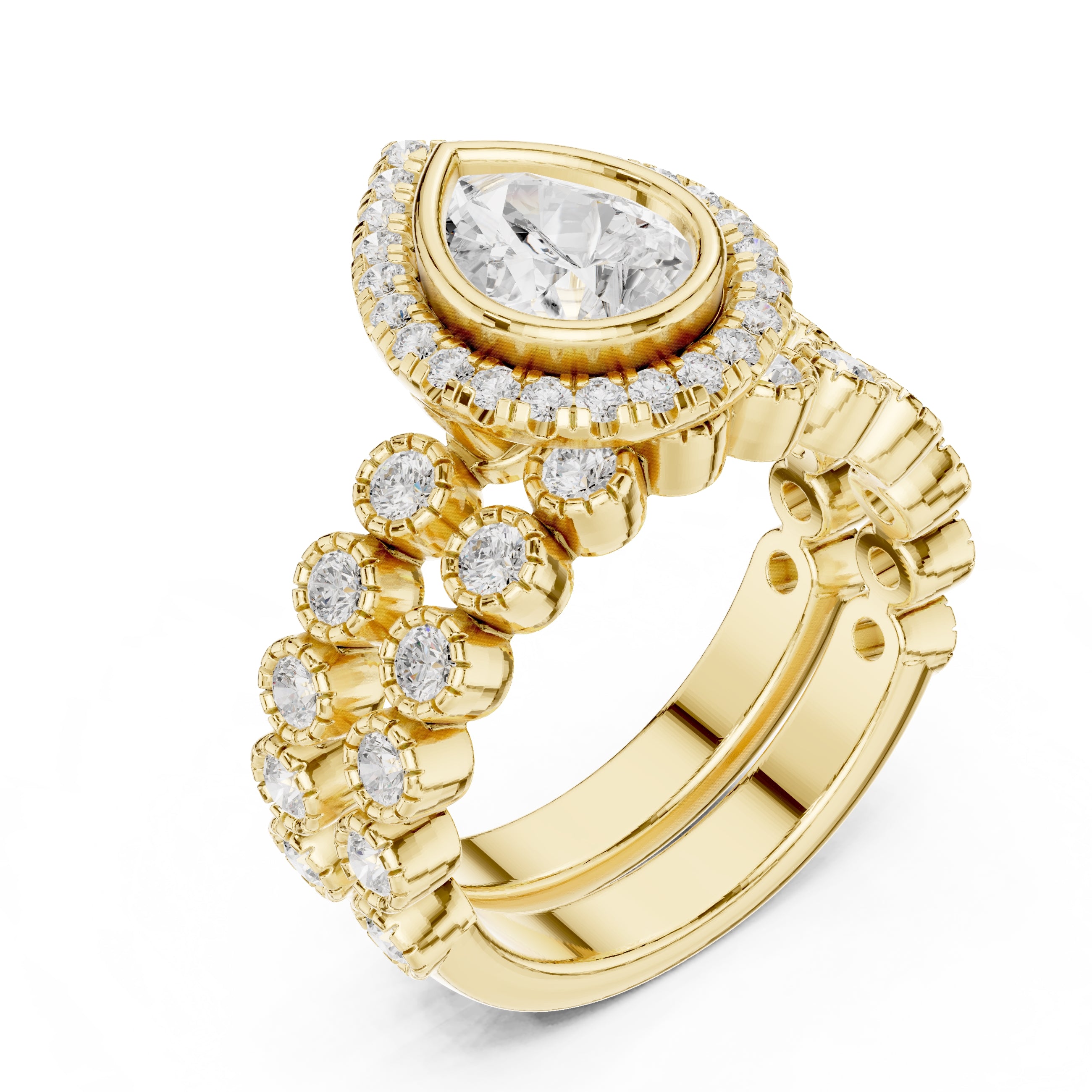 1.00 ct Pear Bezel Halo Bridal Ring Set 1ct Yellow Gold