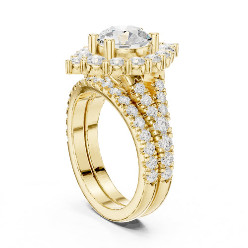 1.50 ct Round Multi-Row Halo Bridal Set 1.5ct Yellow Gold