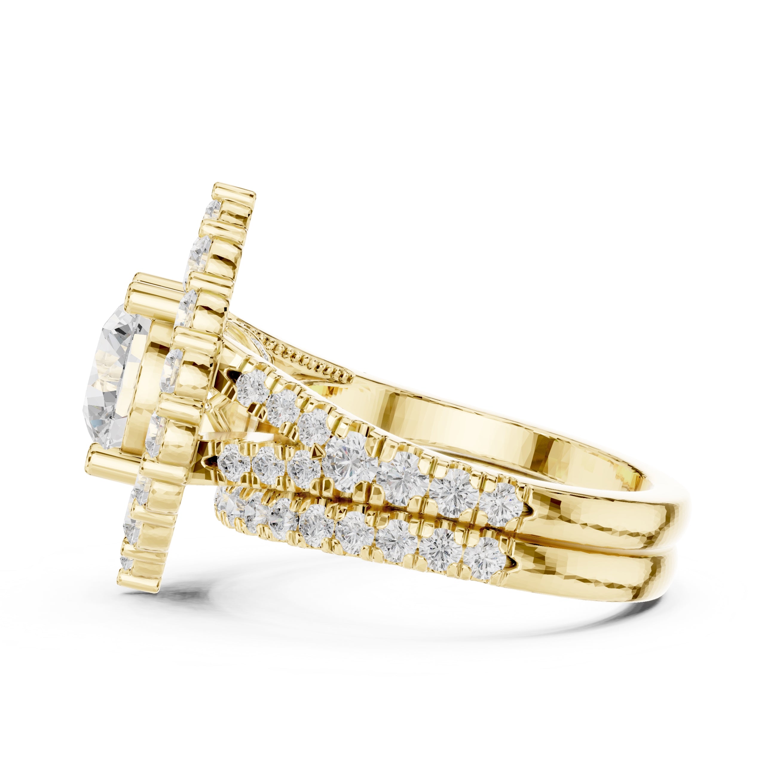 1.50 ct Round Multi-Row Halo Bridal Set 1.5ct Yellow Gold