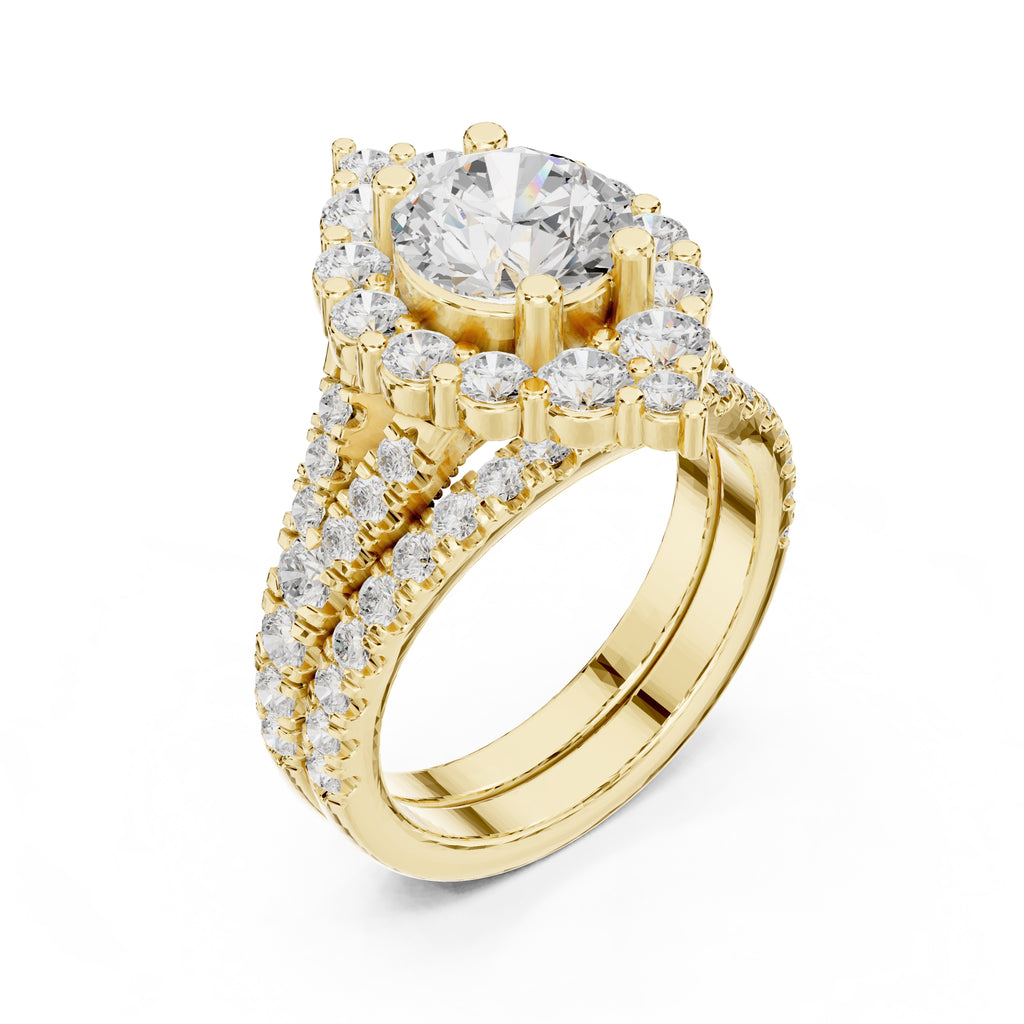 1.50 ct Round Multi-Row Halo Bridal Set 1.5ct Yellow Gold