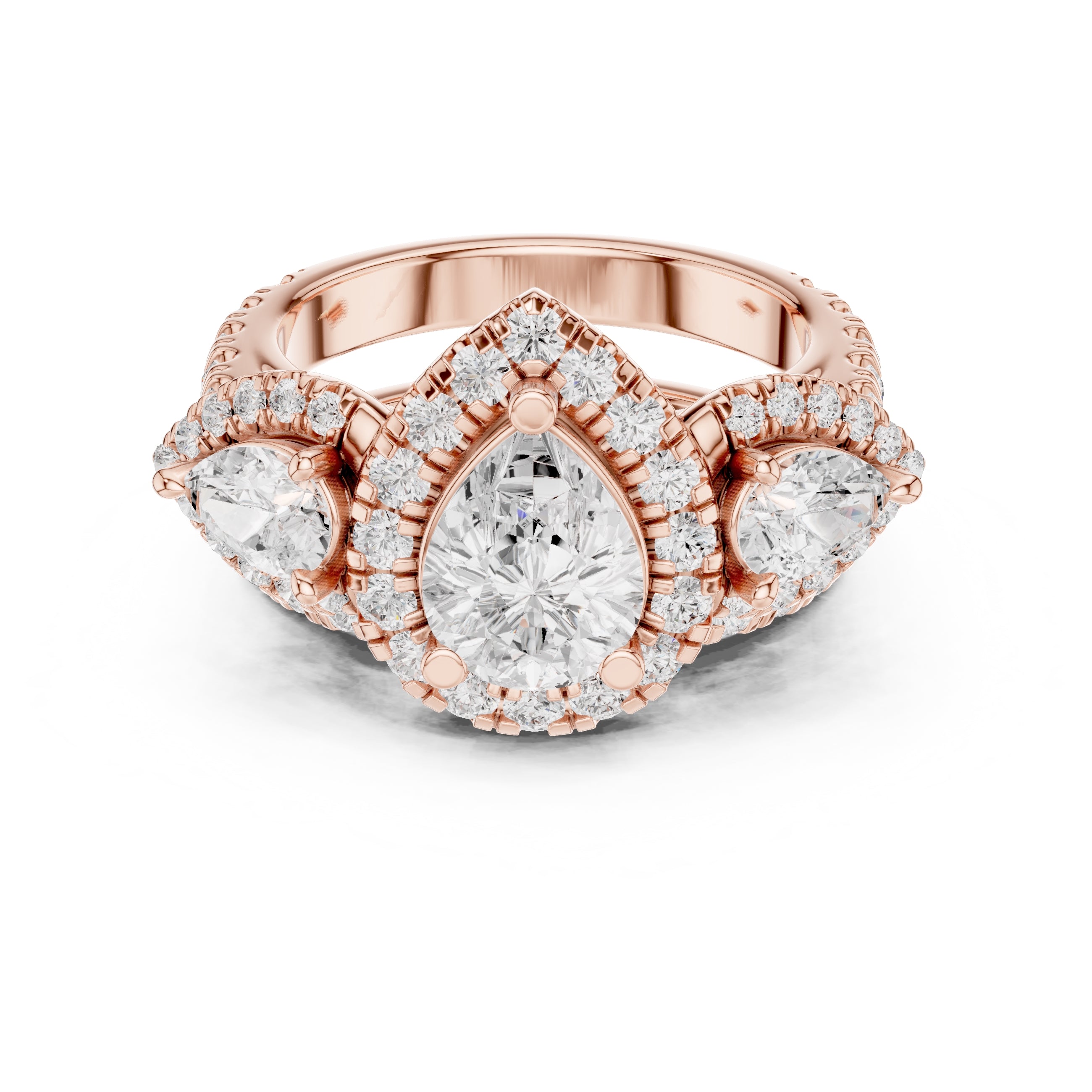 1.50 ct Pear Halo Three-Stone Ring 1.5ct Rose Gold