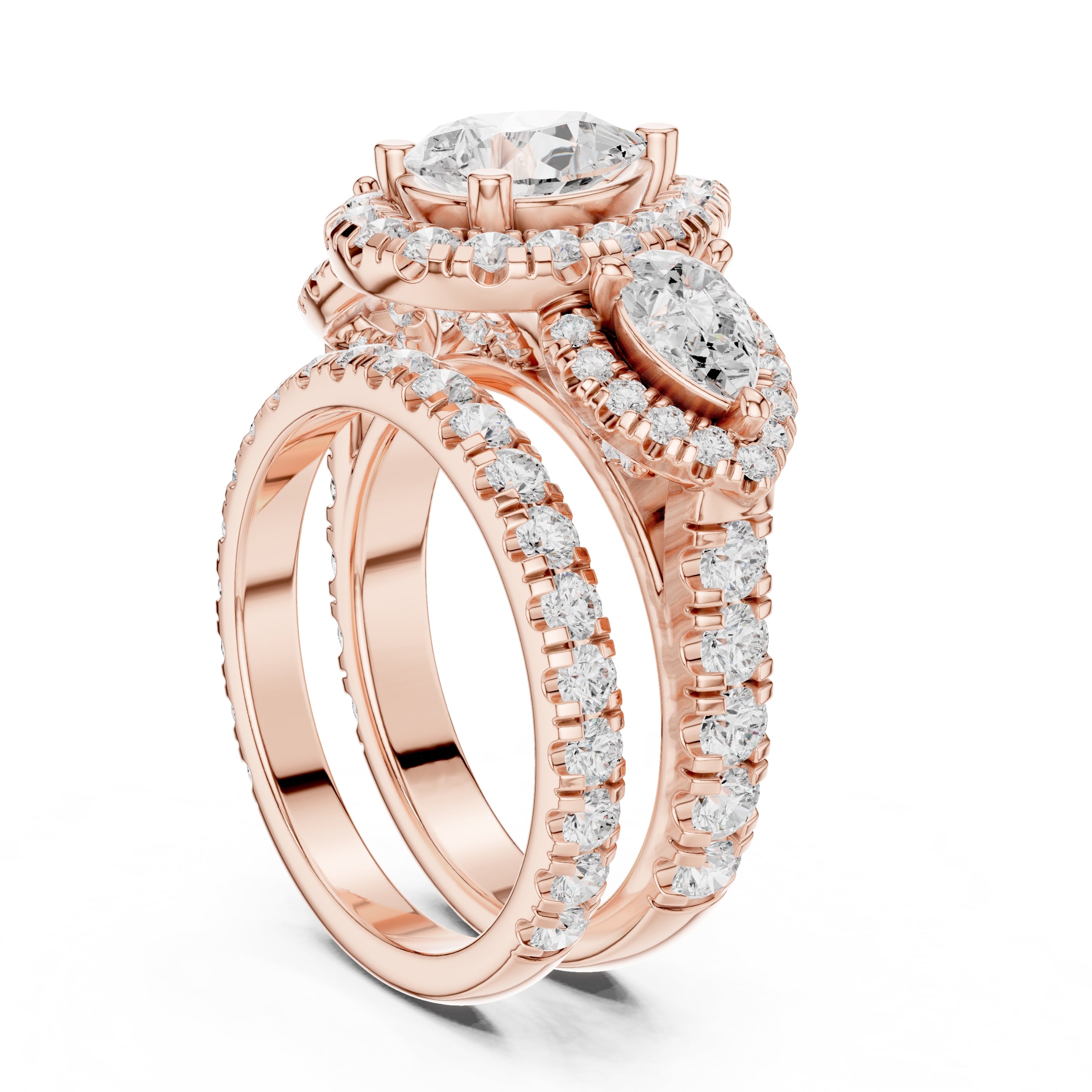 1.50 ct Pear Halo Three-Stone Ring 1.5ct Rose Gold