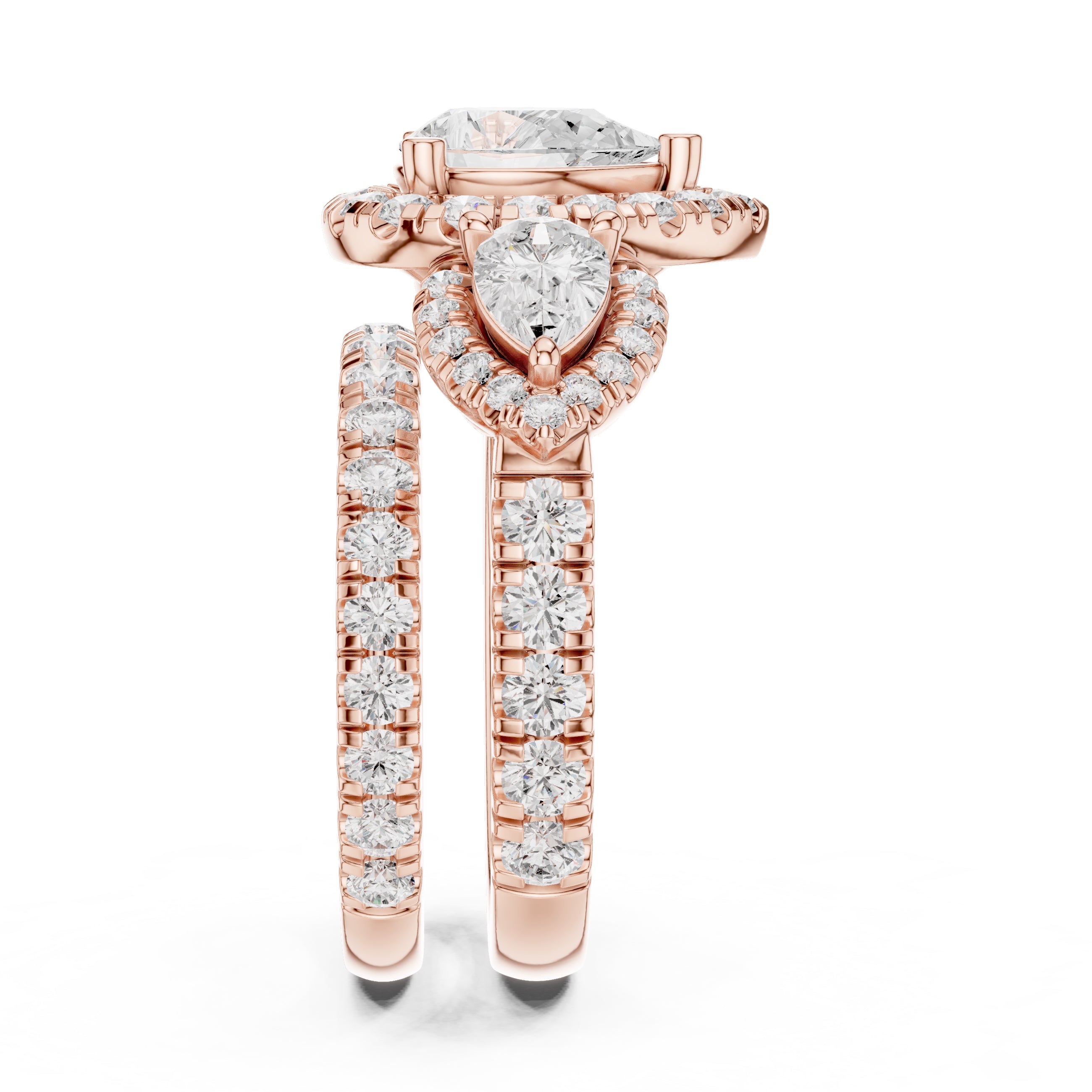 1.50 ct Pear Halo Three-Stone Ring 1.5ct Rose Gold