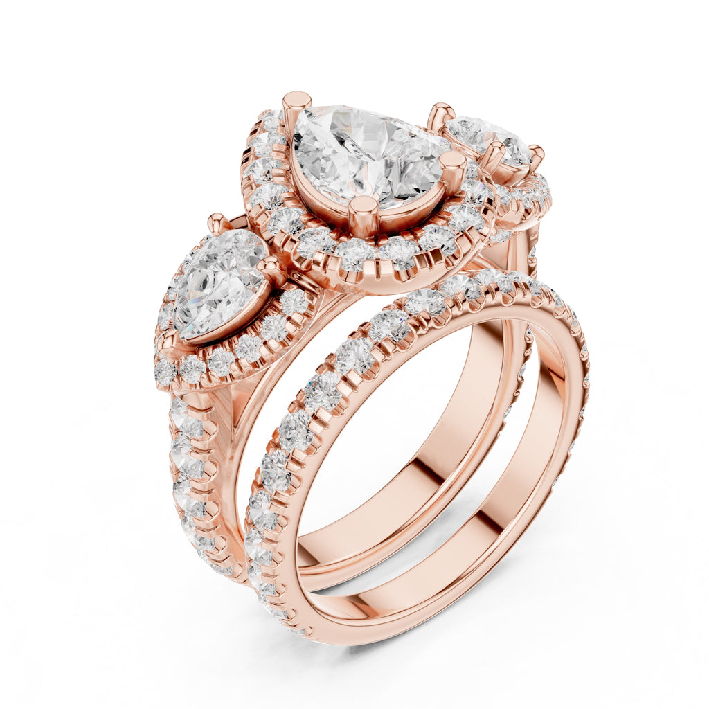 1.50 ct Pear Halo Three-Stone Ring 1.5ct Rose Gold