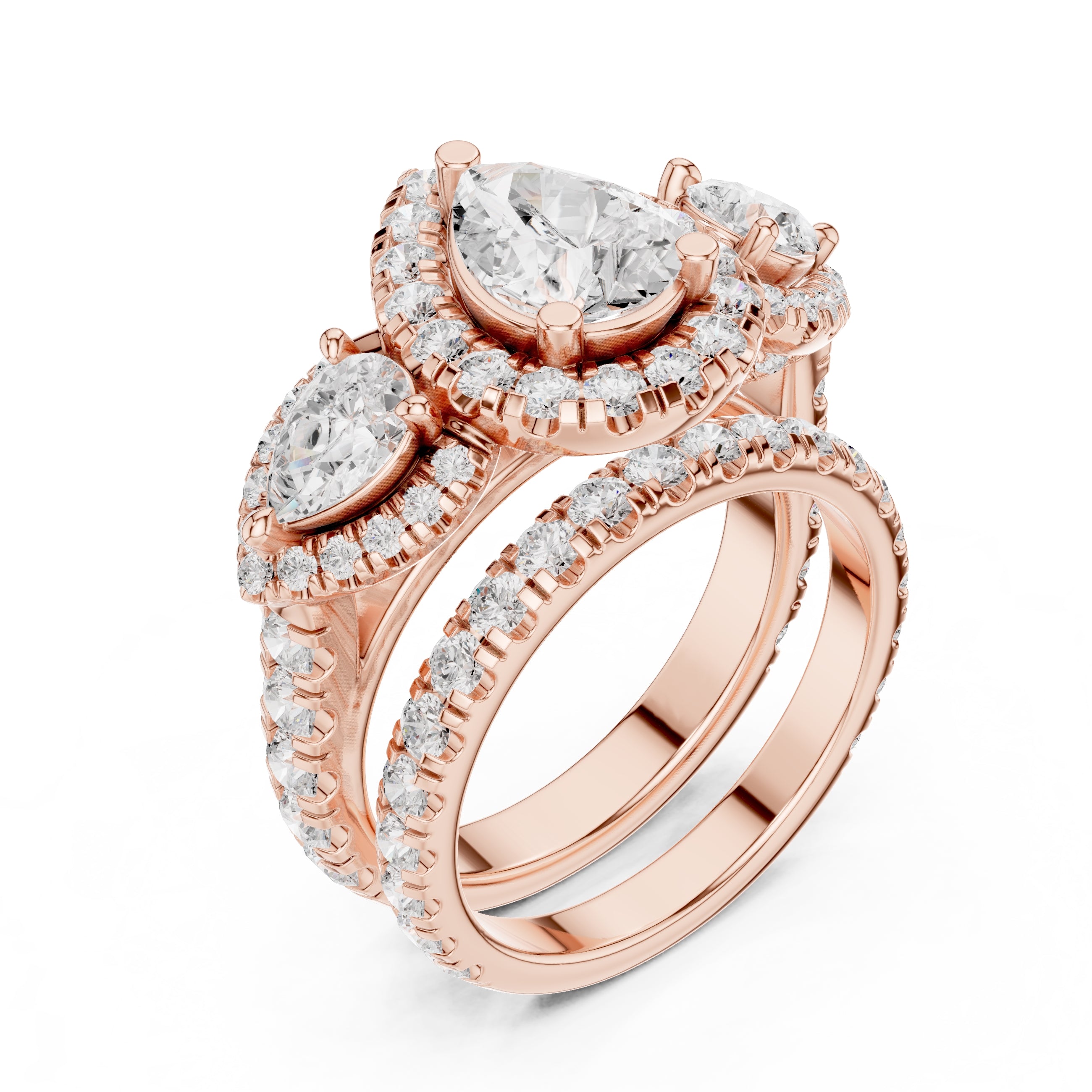 1.50 ct Pear Halo Three-Stone Ring 1.5ct Rose Gold