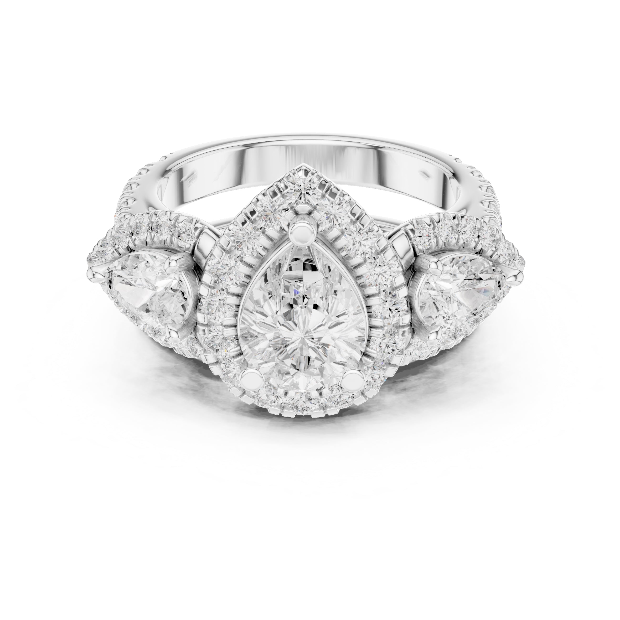1.50 ct Pear Halo Three-Stone Ring 1.5ct White Gold