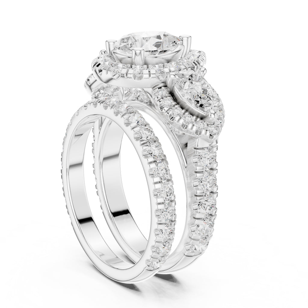 1.50 ct Pear Halo Three-Stone Ring 1.5ct White Gold