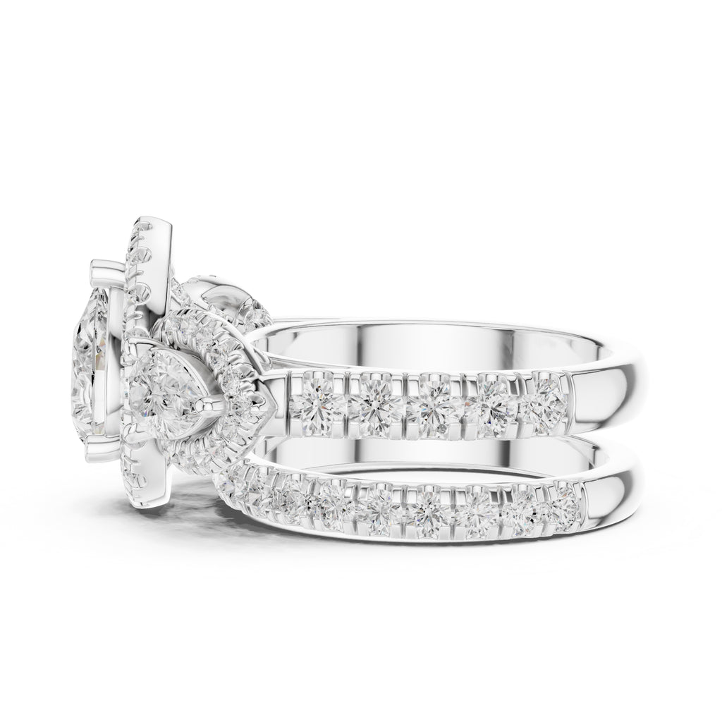 1.50 ct Pear Halo Three-Stone Ring 1.5ct White Gold