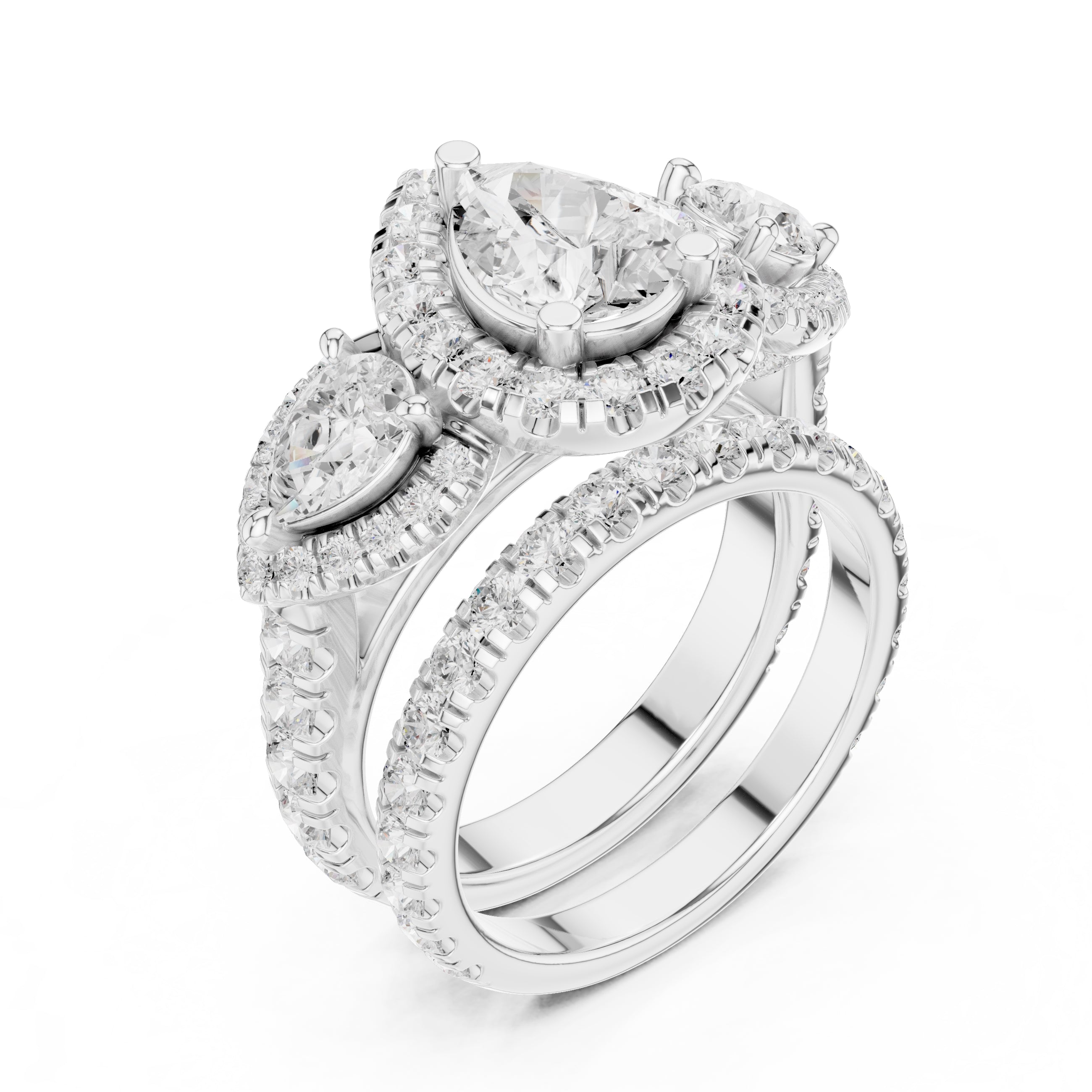 1.50 ct Pear Halo Three-Stone Ring 1.5ct White Gold