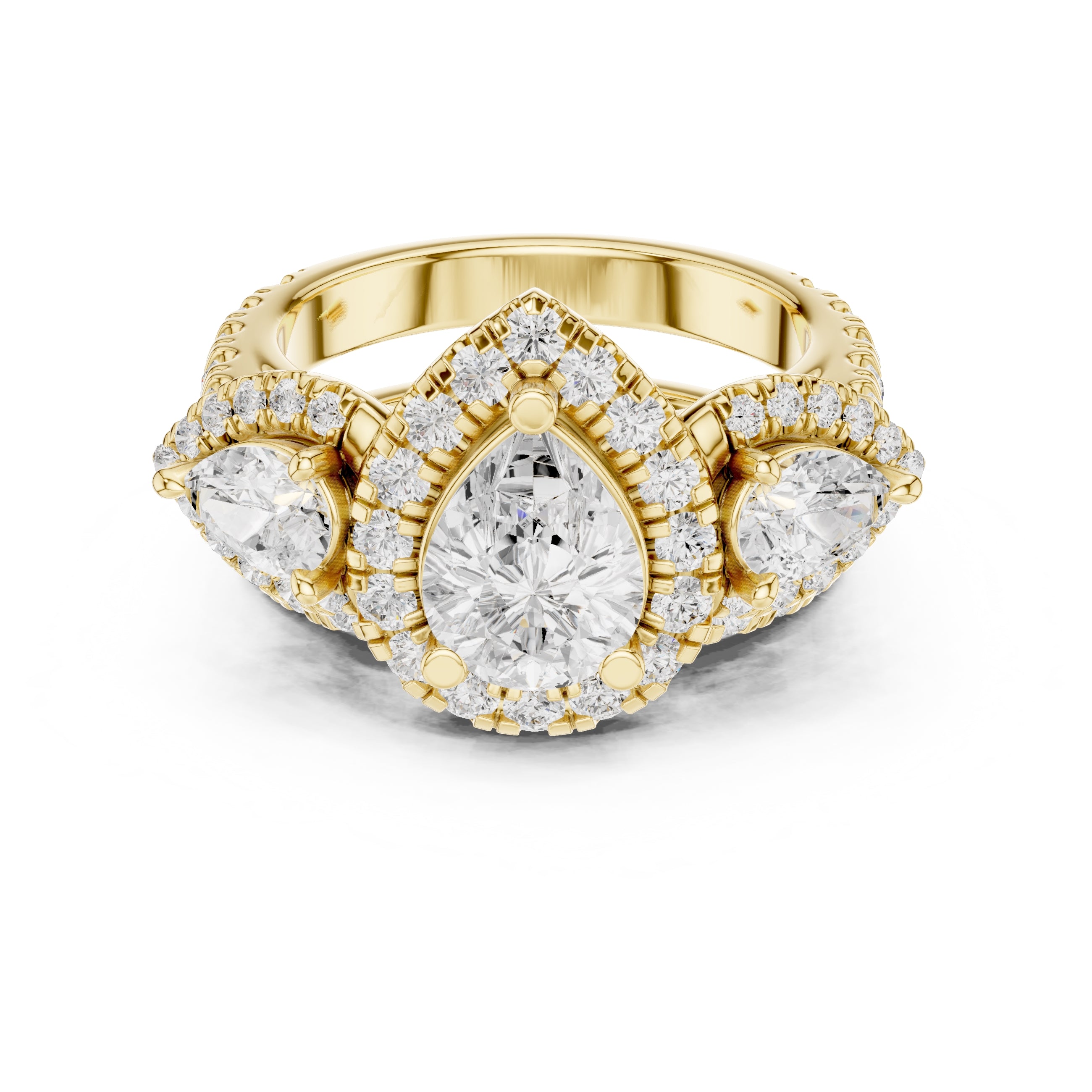 1.50 ct Pear Halo Three-Stone Ring 1.5ct Yellow Gold