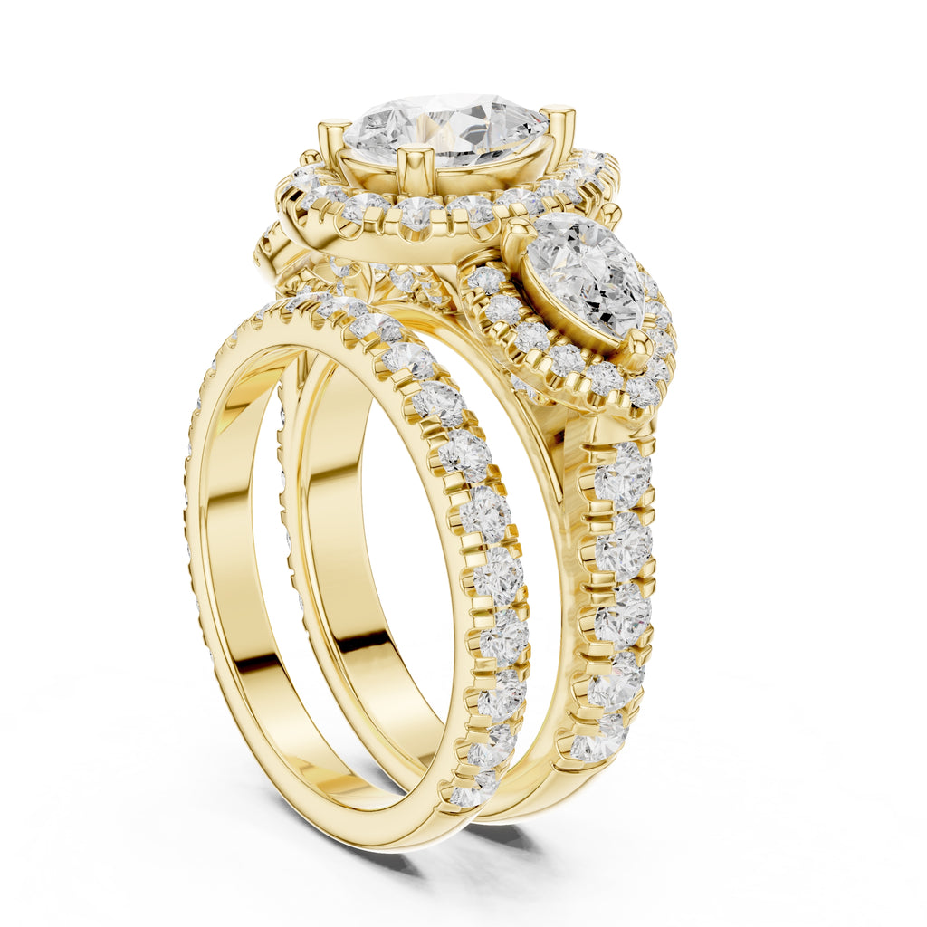 1.50 ct Pear Halo Three-Stone Ring 1.5ct Yellow Gold