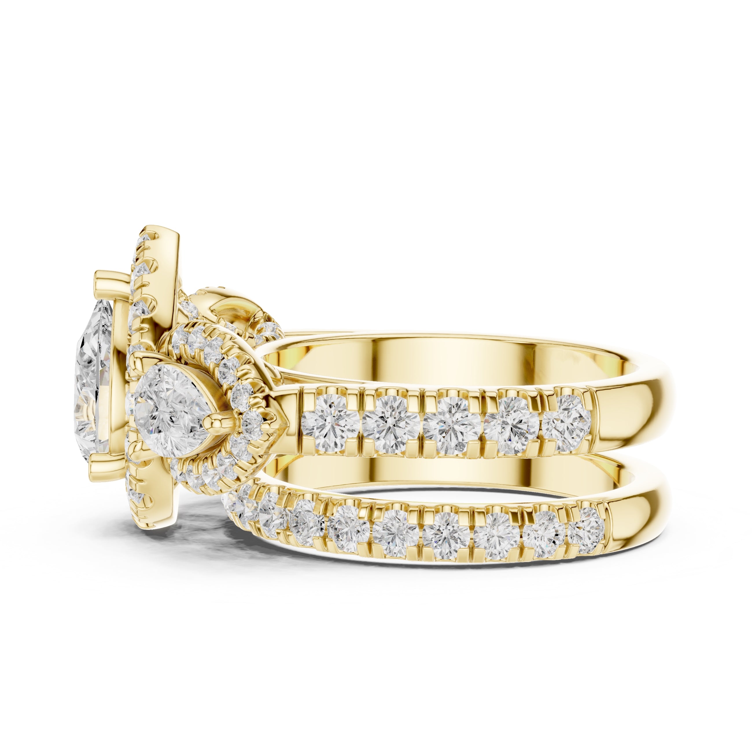 1.50 ct Pear Halo Three-Stone Ring 1.5ct Yellow Gold