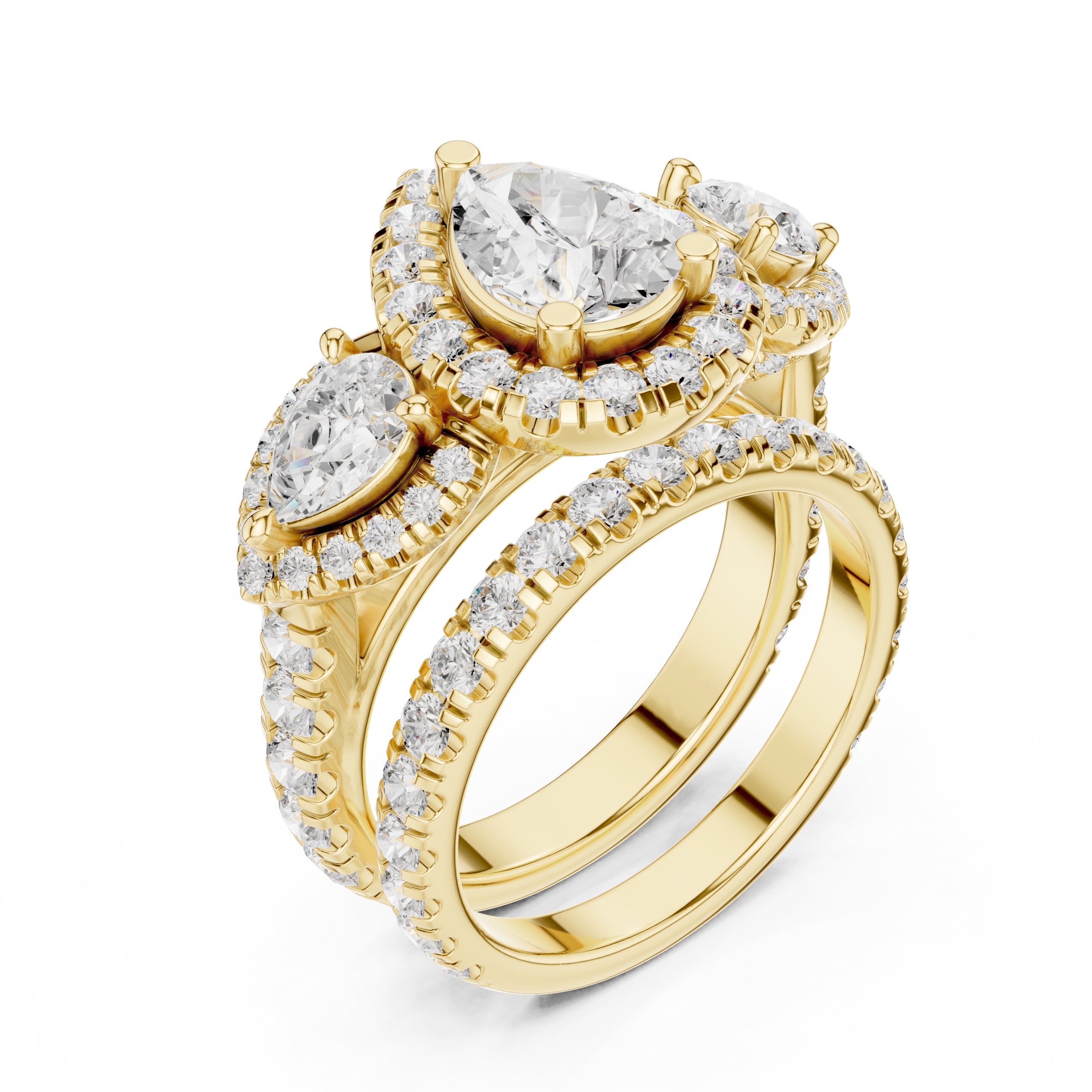 1.50 ct Pear Halo Three-Stone Ring 1.5ct Yellow Gold