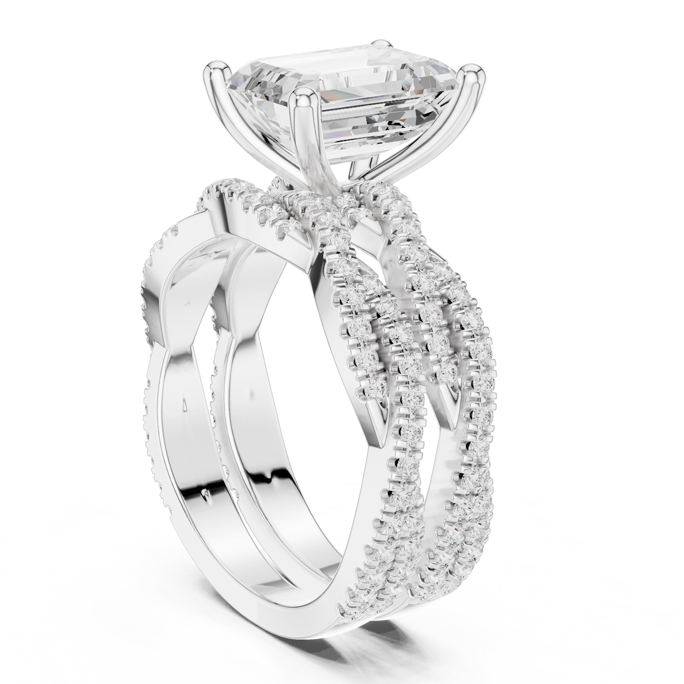 2.50 ct Emerald Cut Split-Shank Bridal Ring Set 2.5ct White Gold