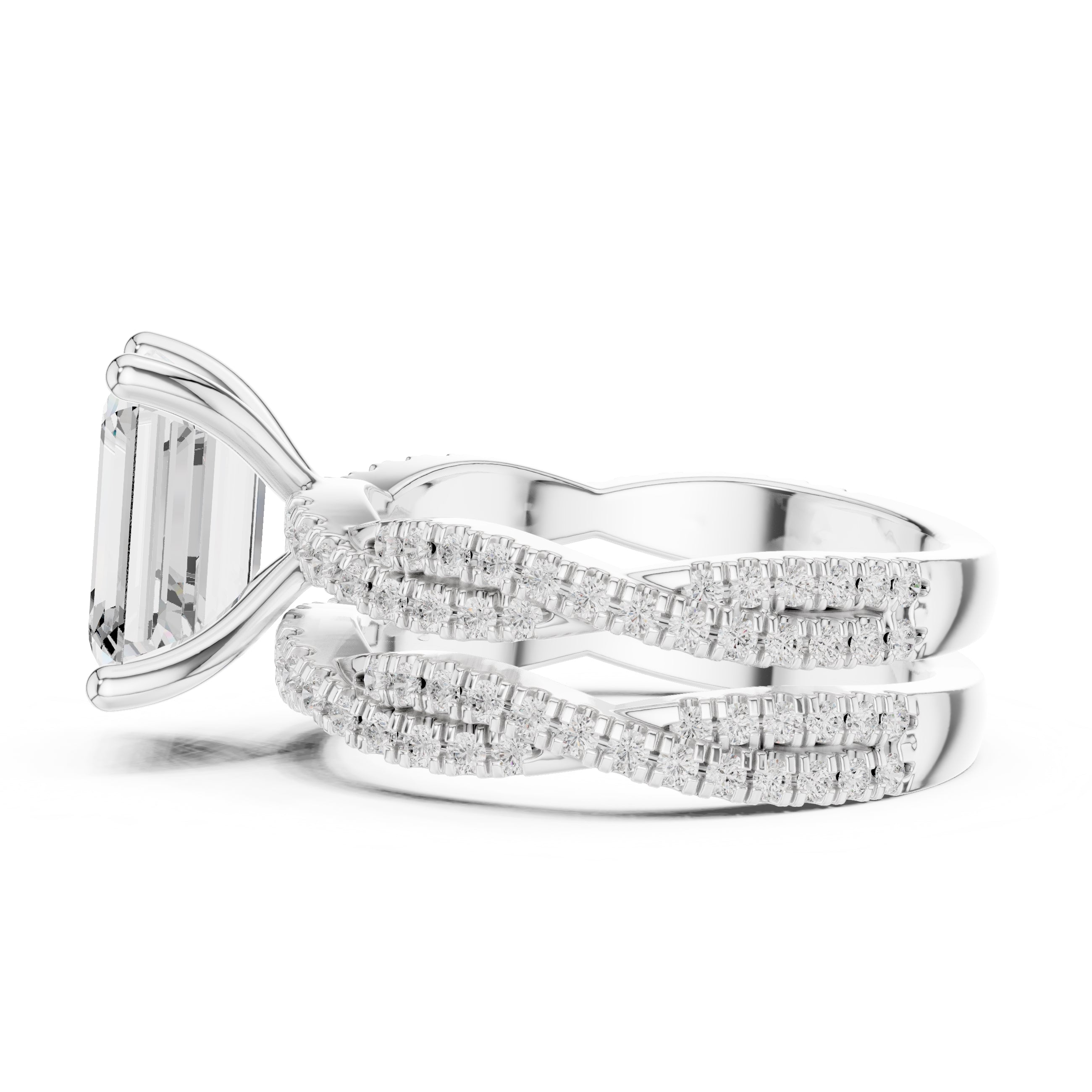 2.50 ct Emerald Cut Split-Shank Bridal Ring Set 2.5ct White Gold