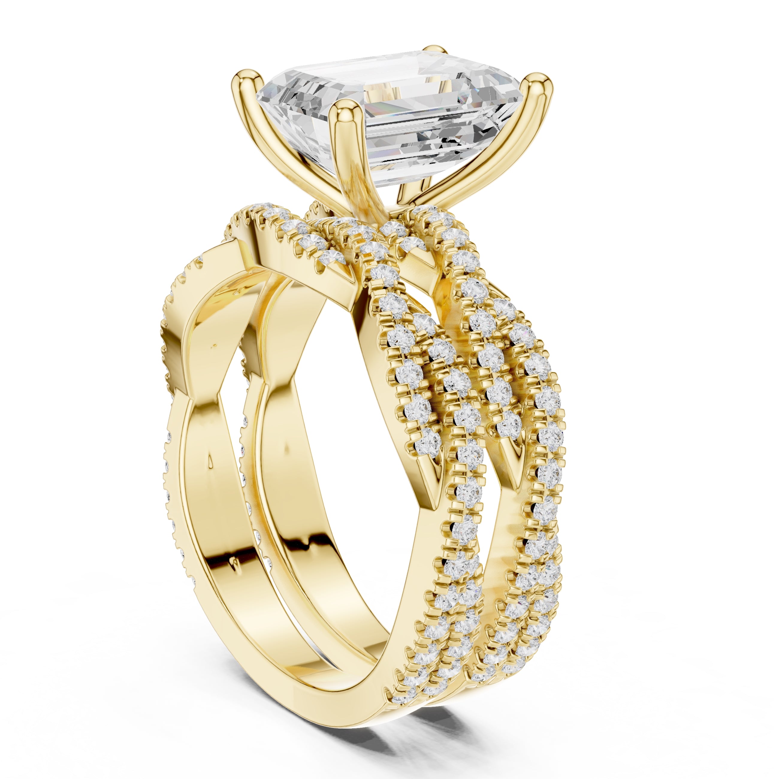 2.50 ct Emerald Cut Split-Shank Bridal Ring Set 2.5ct Yellow Gold
