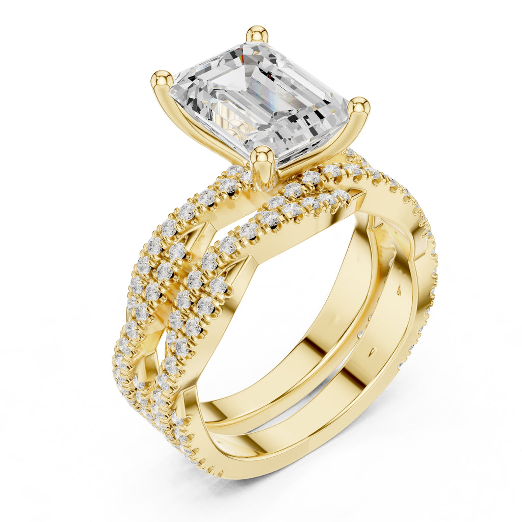 2.50 ct Emerald Cut Split-Shank Bridal Ring Set 2.5ct Yellow Gold