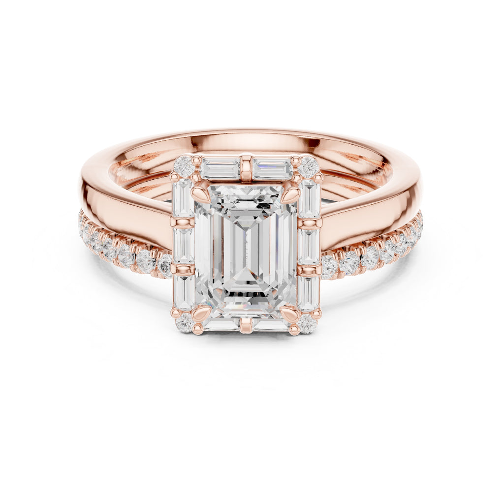 1.50 ct Emerald Cut Baguette Halo Bridal Set 1.5ct Rose Gold