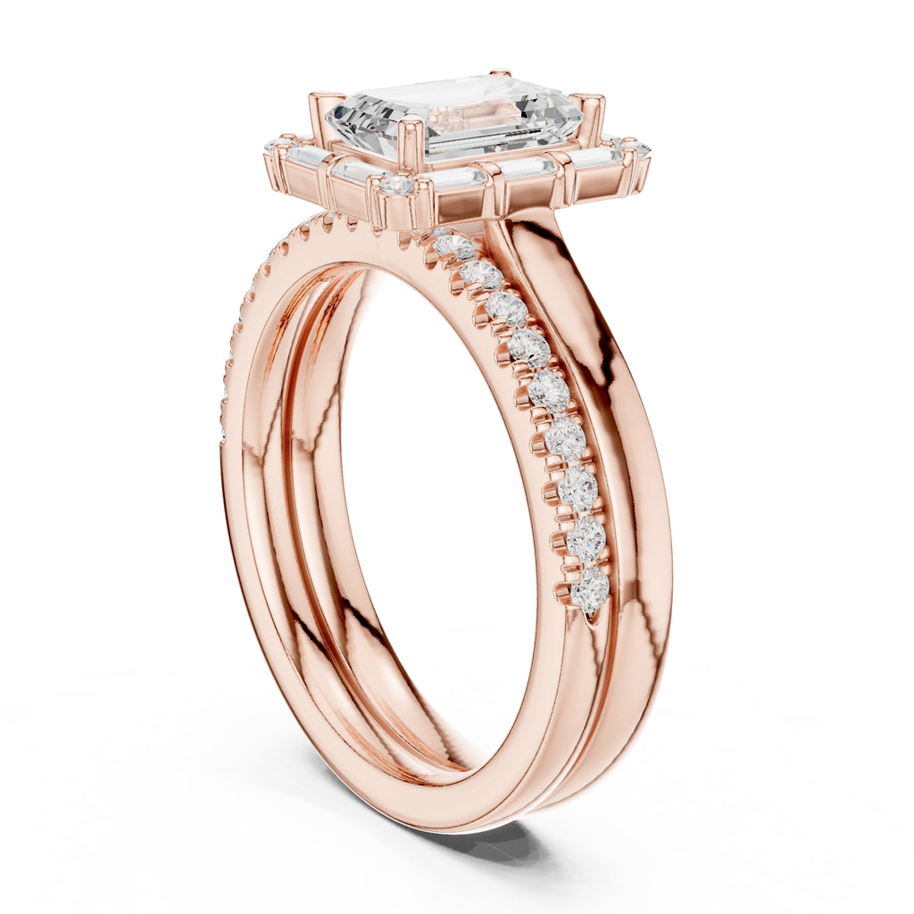 1.50 ct Emerald Cut Baguette Halo Bridal Set 1.5ct Rose Gold