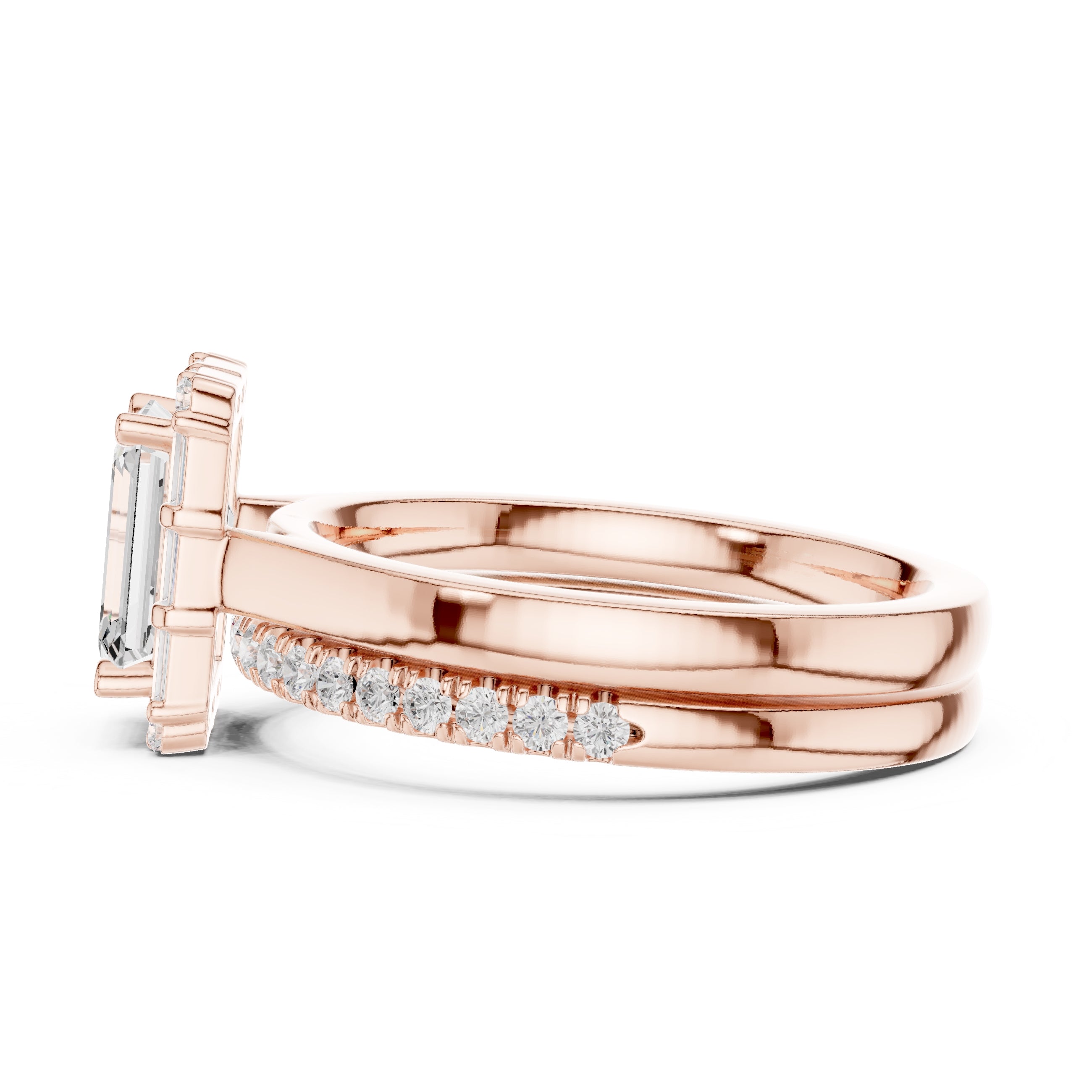 1.50 ct Emerald Cut Baguette Halo Bridal Set 1.5ct Rose Gold
