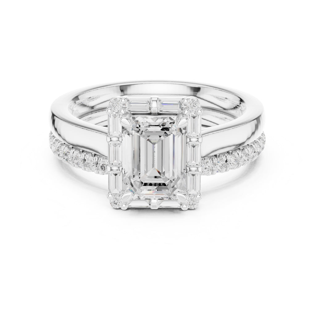 1.50 ct Emerald Cut Baguette Halo Bridal Set 1.5ct White Gold