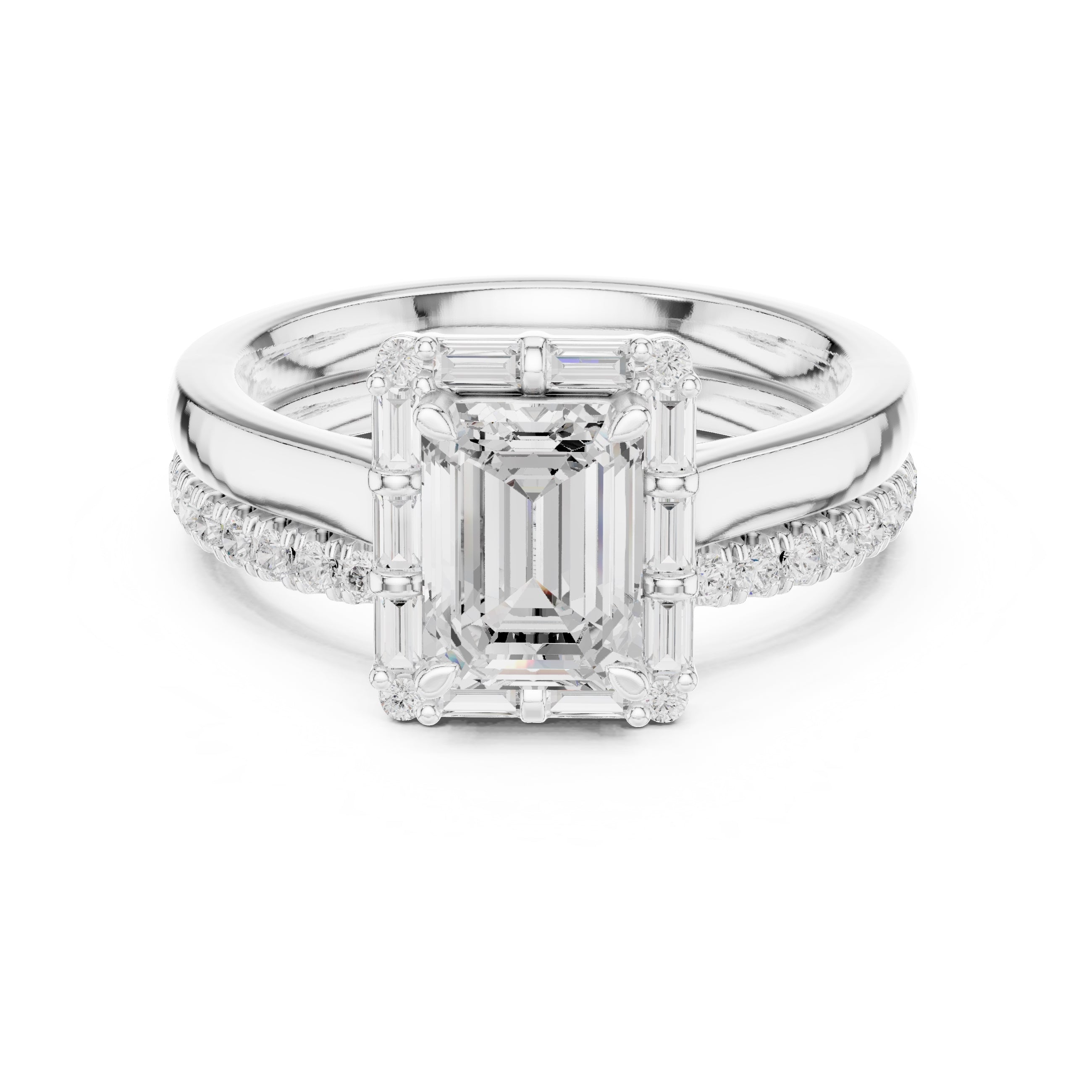 1.50 ct Emerald Cut Baguette Halo Bridal Set 1.5ct White Gold