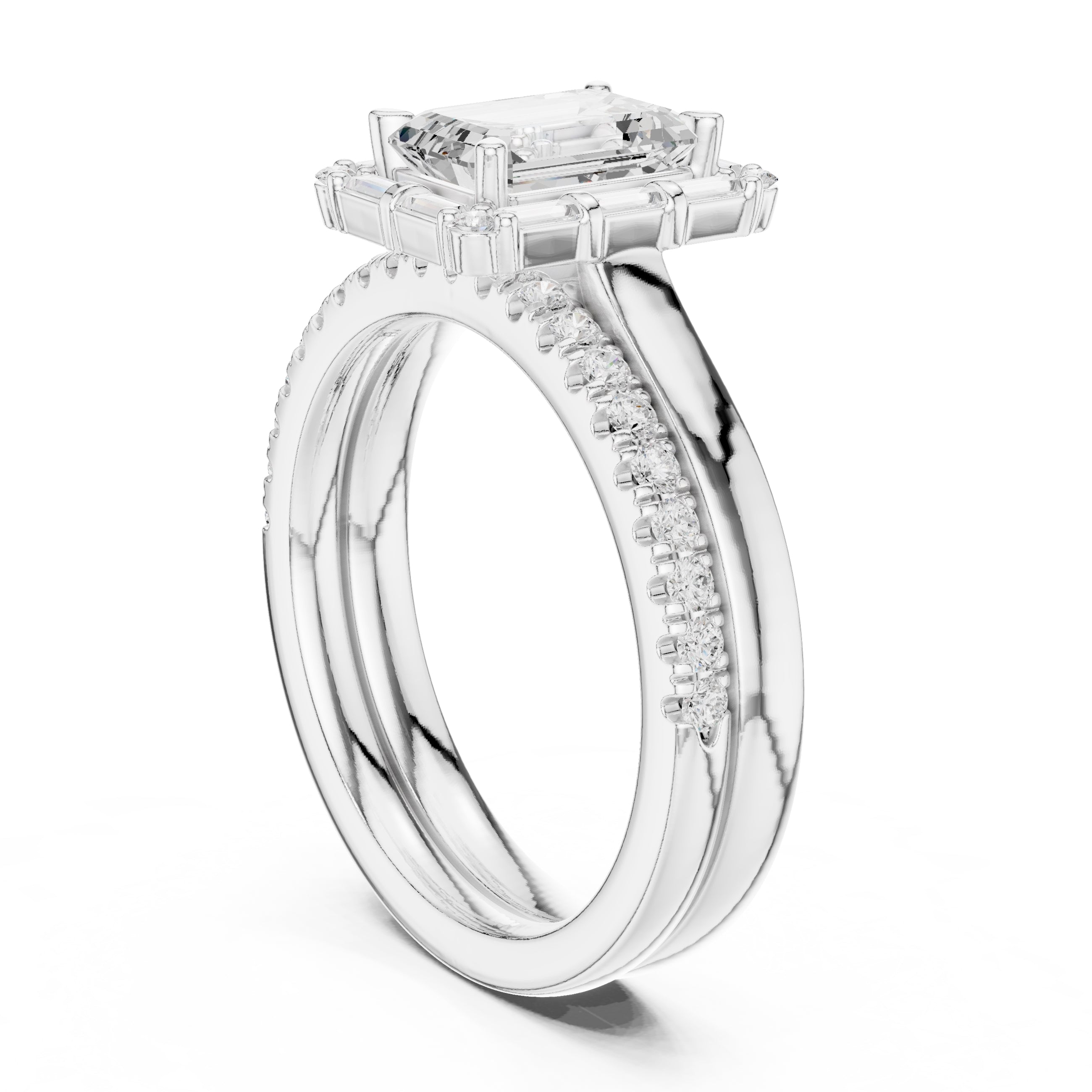 1.50 ct Emerald Cut Baguette Halo Bridal Set 1.5ct White Gold